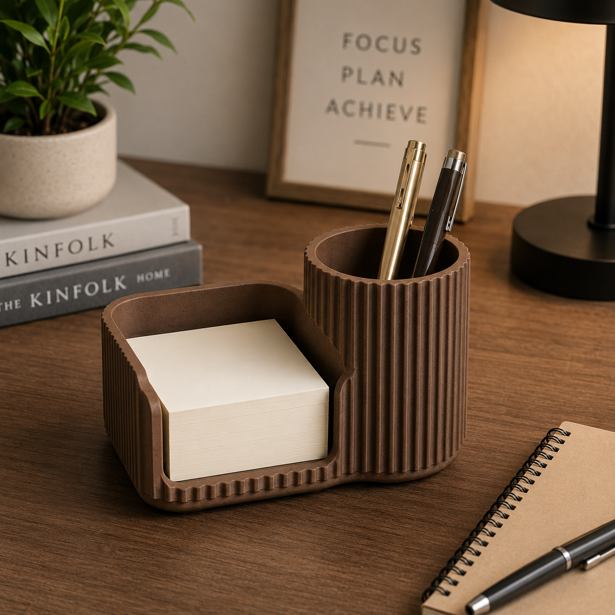 White sticky notes holder and pen organizer on a modern desk.
Black desk organizer with sticky note compartment and pen holder.
Grey desktop organizer holding sticky notes and pens.
Brown stationery organizer for office and study desks.
Caramel coloured desk accessory with pen cup and note holder.
Sakura pink sticky notes holder for cute desk decor.