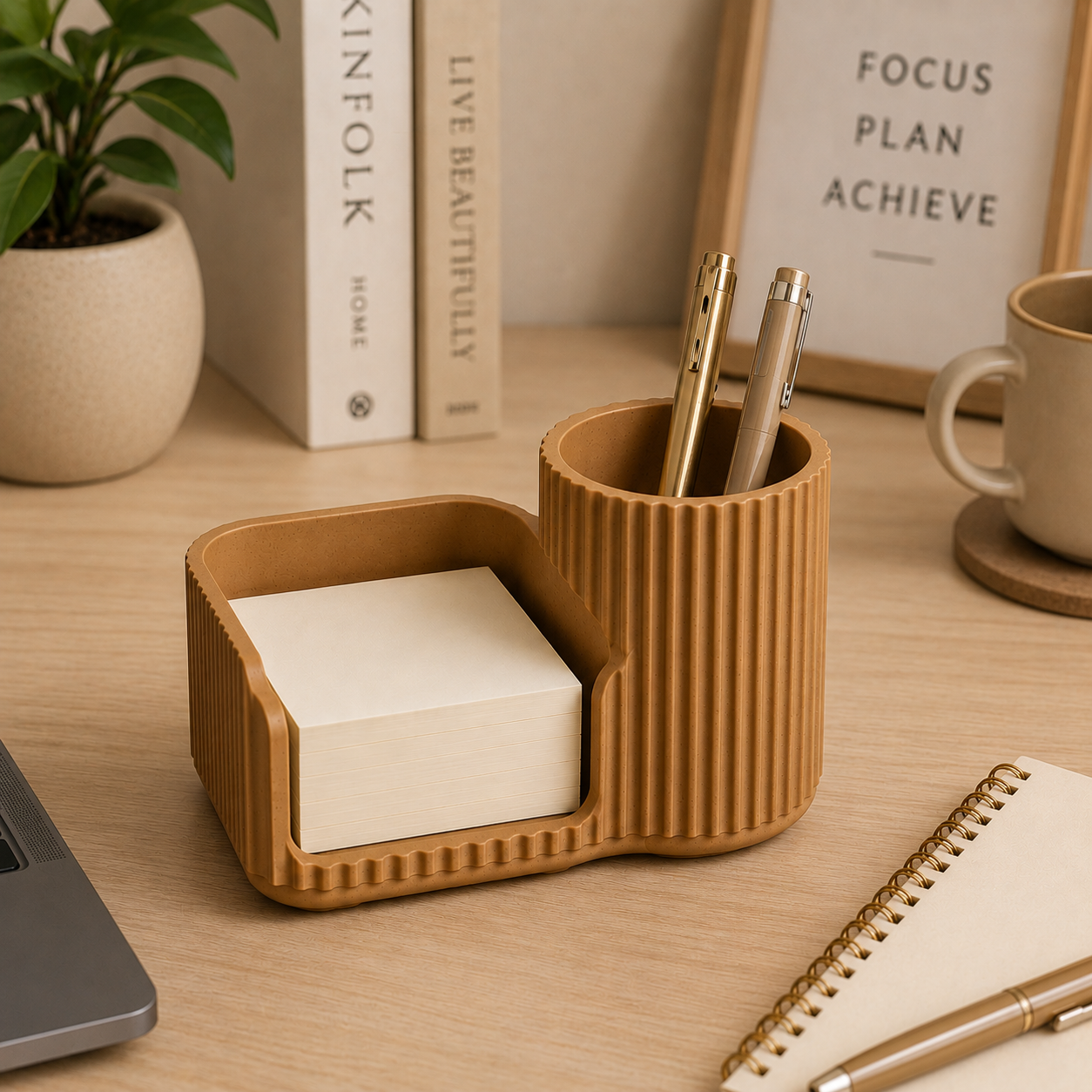 White sticky notes holder and pen organizer on a modern desk.
Black desk organizer with sticky note compartment and pen holder.
Grey desktop organizer holding sticky notes and pens.
Brown stationery organizer for office and study desks.
Caramel coloured desk accessory with pen cup and note holder.
Sakura pink sticky notes holder for cute desk decor.