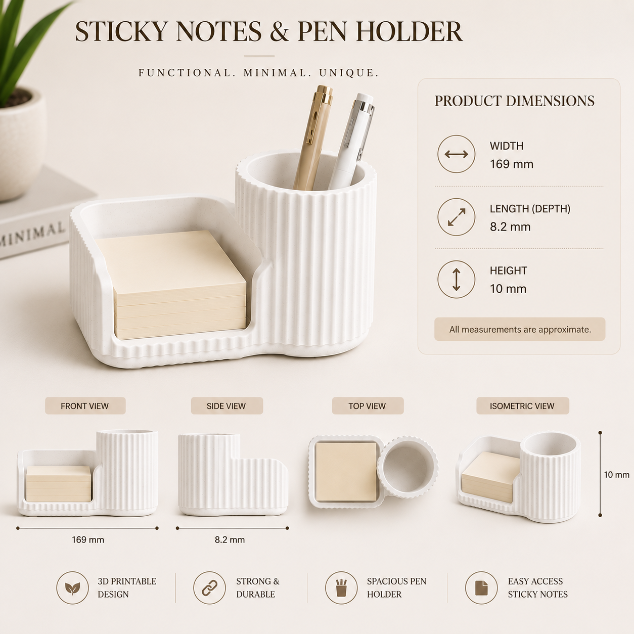 White sticky notes holder and pen organizer on a modern desk.
Black desk organizer with sticky note compartment and pen holder.
Grey desktop organizer holding sticky notes and pens.
Brown stationery organizer for office and study desks.
Caramel coloured desk accessory with pen cup and note holder.
Sakura pink sticky notes holder for cute desk decor.