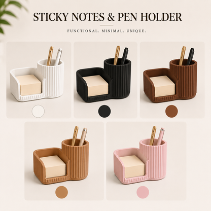 White sticky notes holder and pen organizer on a modern desk.
Black desk organizer with sticky note compartment and pen holder.
Grey desktop organizer holding sticky notes and pens.
Brown stationery organizer for office and study desks.
Caramel coloured desk accessory with pen cup and note holder.
Sakura pink sticky notes holder for cute desk decor.