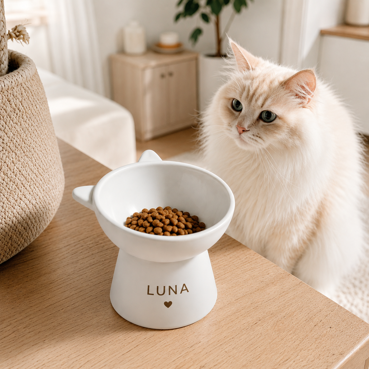personalised elevated cat bowl with custom pet name in modern neutral home setting
raised cat feeding bowl with cat ear design and customisable pet name
minimalist elevated pet bowl designed to support better cat eating posture