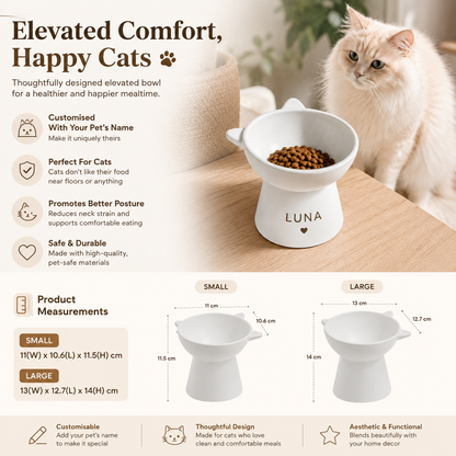 Personalised elevated cat bowl with custom pet name in modern neutral home setting
Raised cat feeding bowl with cat ear design and customisable pet name
Minimalist elevated pet bowl designed to support better cat eating posture