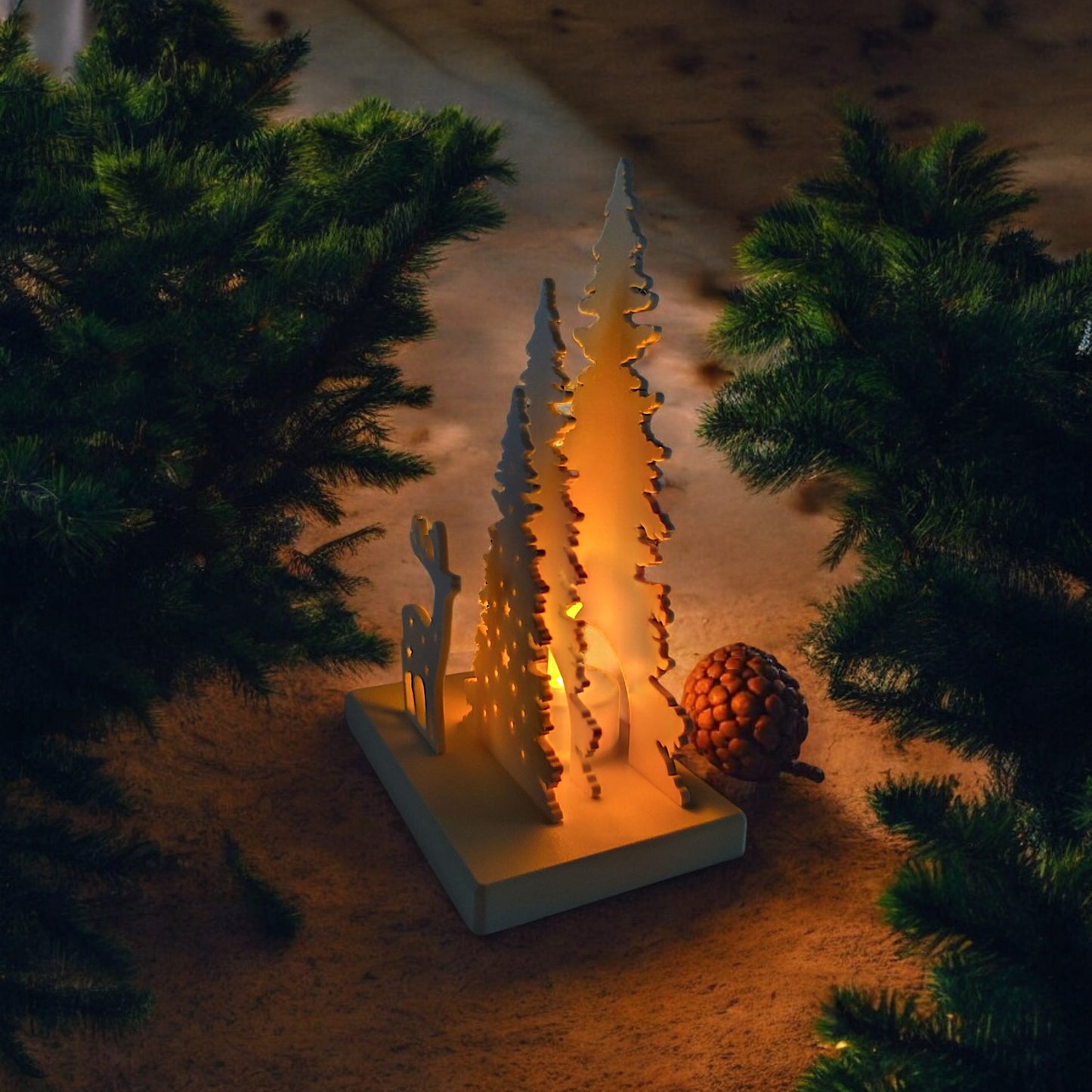 white christmas reindeer and pine tree led tealight decoration glowing on table, festive holiday décor for mantel or centerpiece.