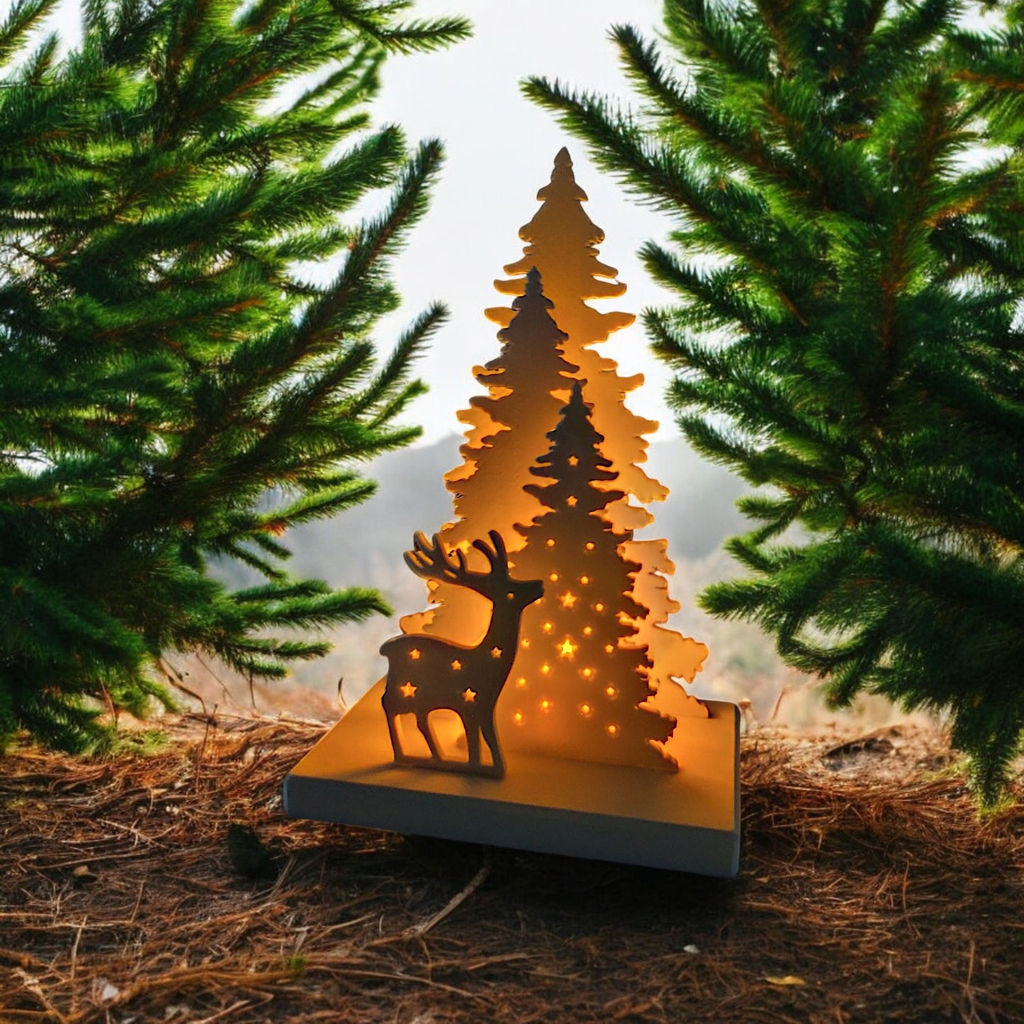 white christmas reindeer and pine tree led tealight decoration glowing on table, festive holiday décor for mantel or centerpiece.