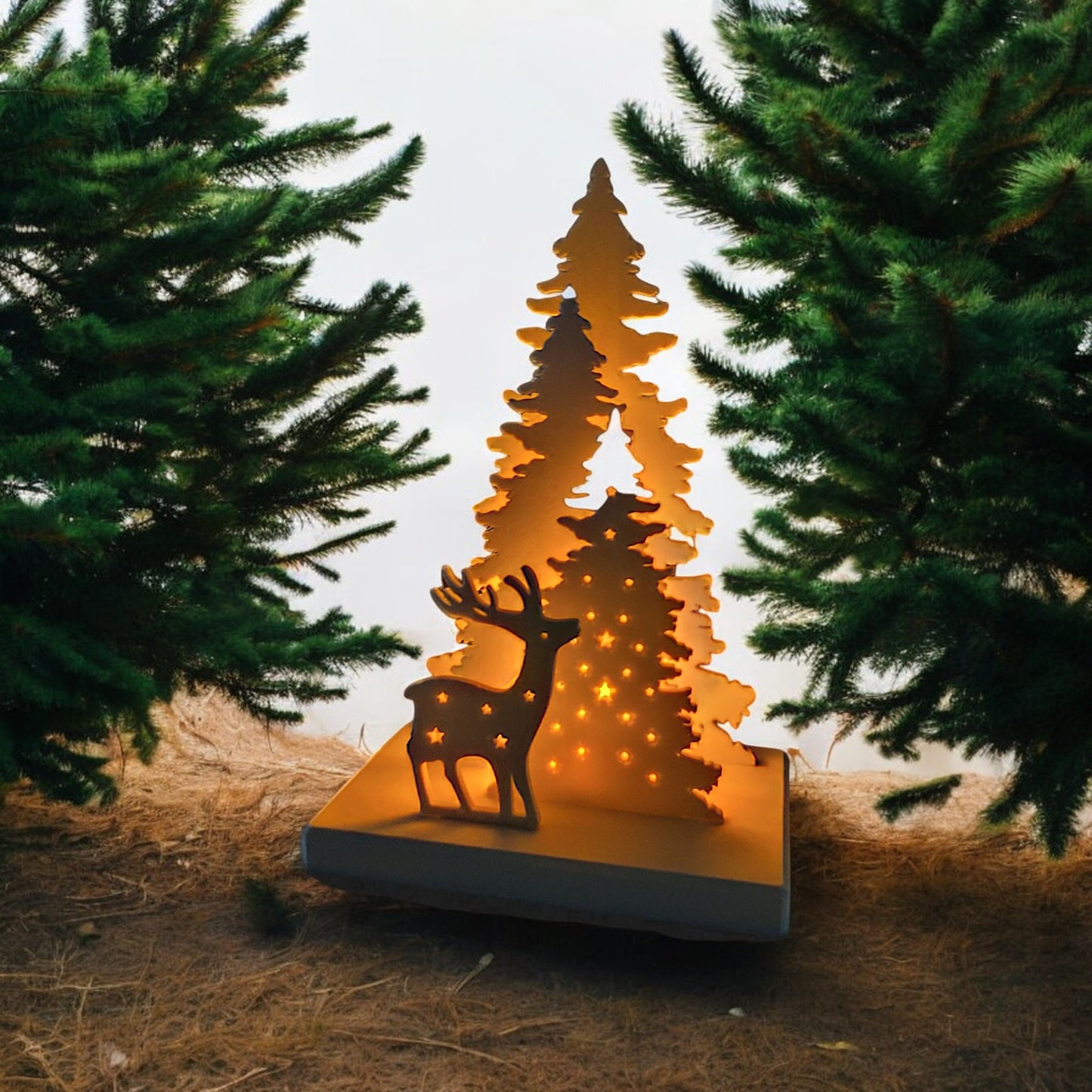 white christmas reindeer and pine tree led tealight decoration glowing on table, festive holiday décor for mantel or centerpiece.