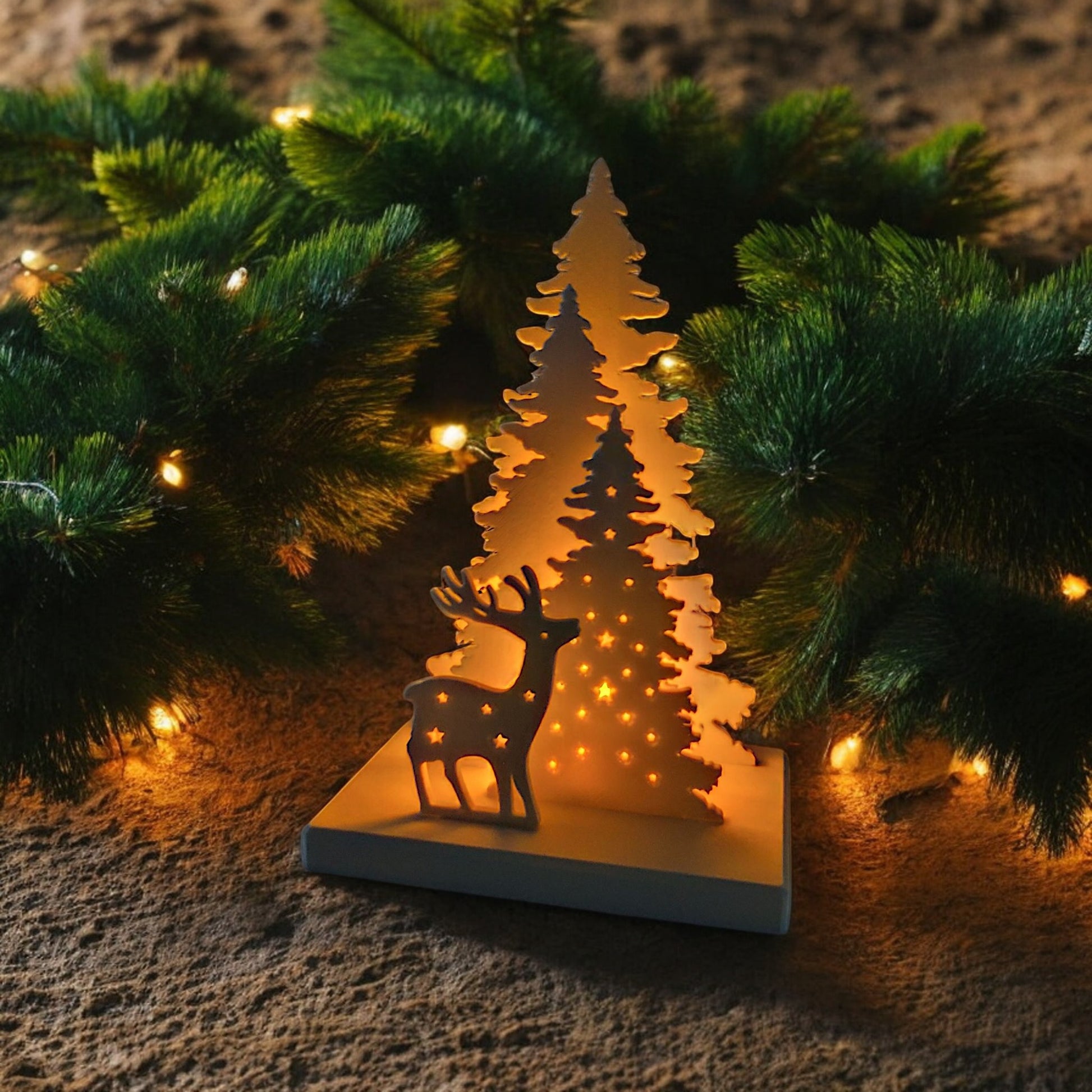 White Christmas reindeer and pine tree LED tealight decoration glowing on table, festive holiday décor for mantel or centerpiece.