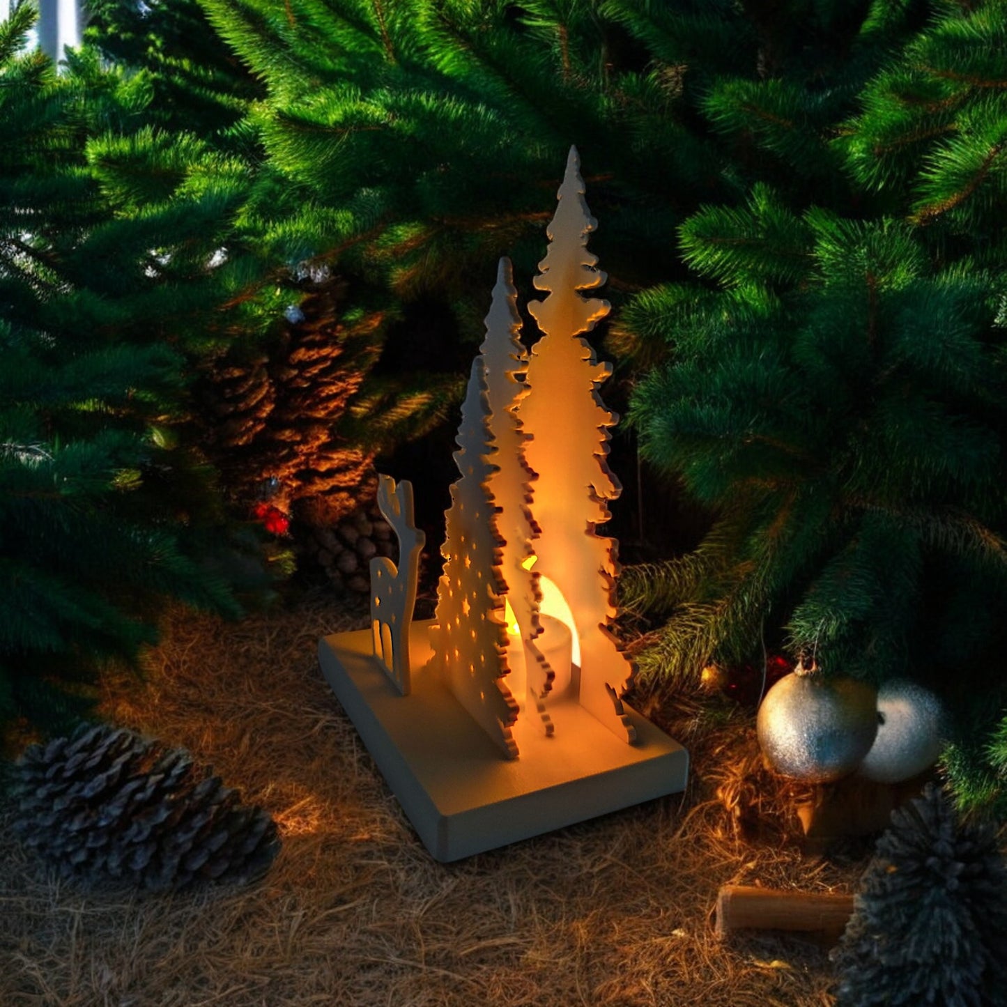 white christmas reindeer and pine tree led tealight decoration glowing on table, festive holiday décor for mantel or centerpiece.