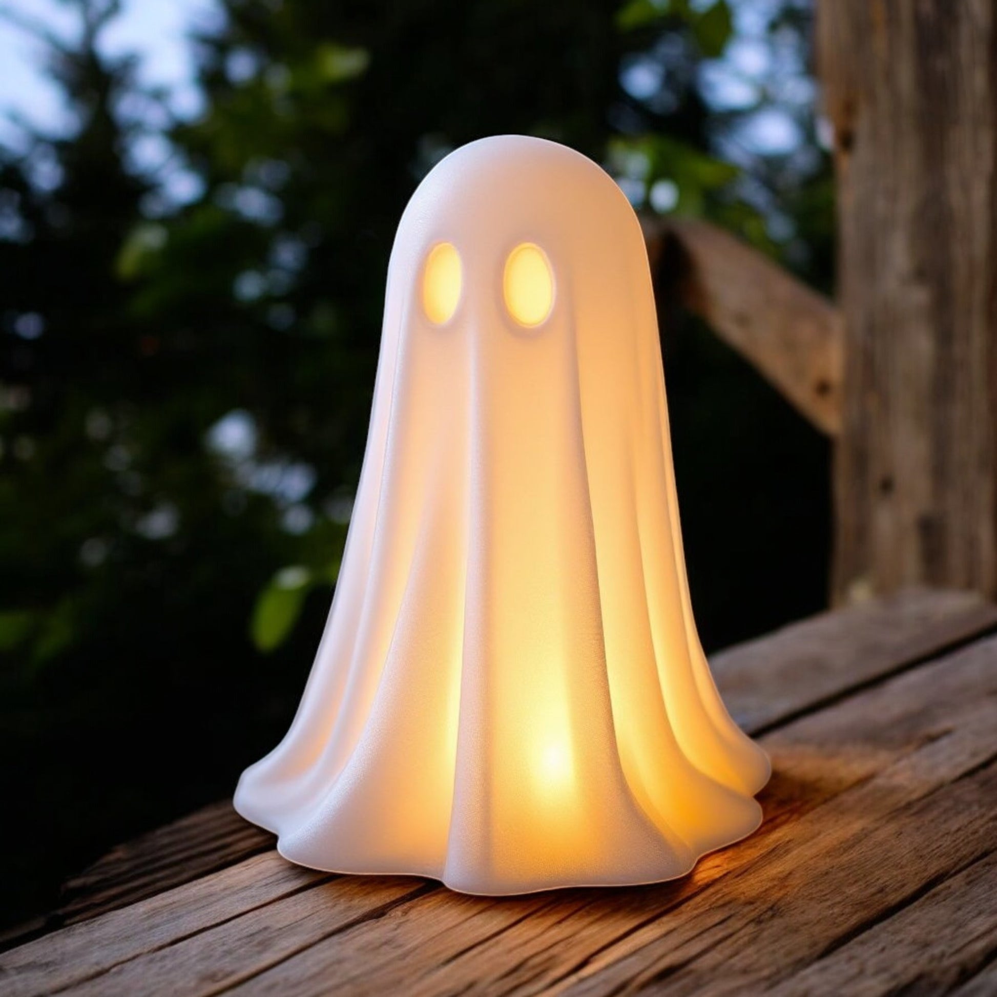 Set of 3 glowing ghost LED tealight holders in small, medium, and large sizes, for indoor or outdoor Halloween decor.