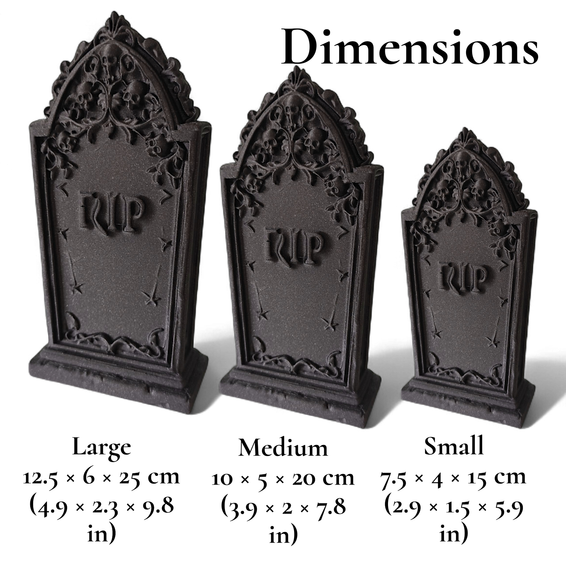 3D printed gothic gravestone with skull details and “RIP” engraving, available in black, grey, and white, shown as Halloween or gothic table decor.