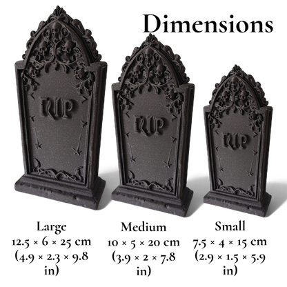 3D printed gothic gravestone with skull details and “RIP” engraving, available in black, grey, and white, shown as Halloween or gothic table decor.