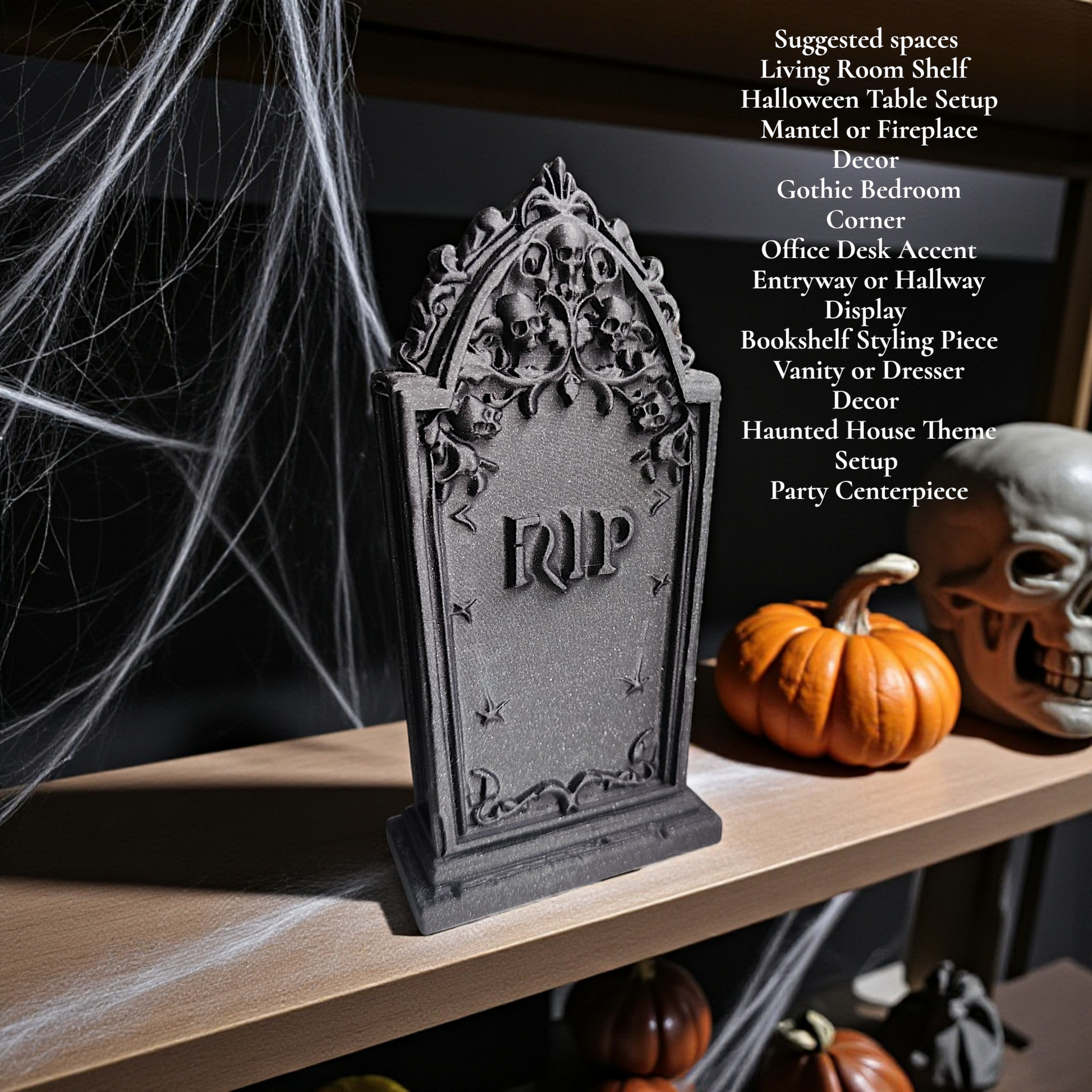 3D printed gothic gravestone with skull details and “RIP” engraving, available in black, grey, and white, shown as Halloween or gothic table decor.