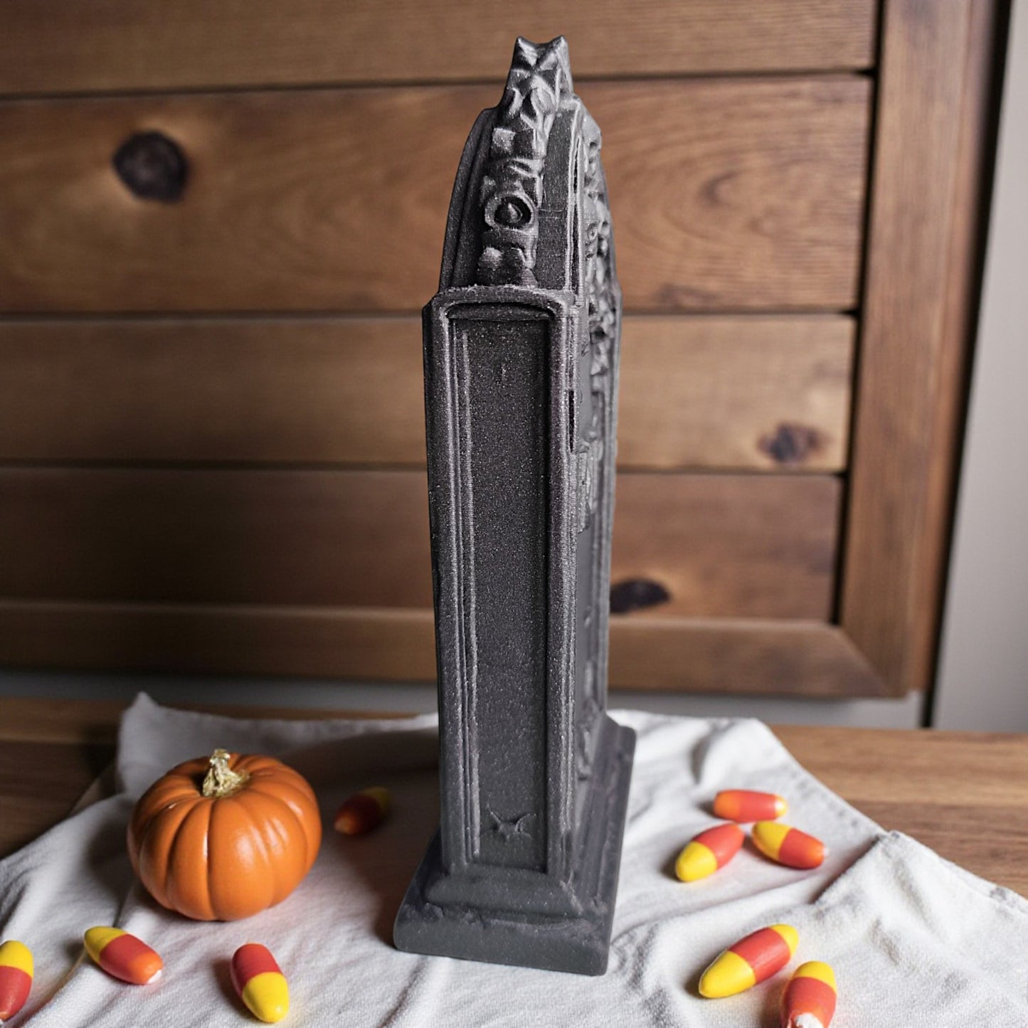3d printed gothic gravestone with skull details and “rip” engraving, available in black, grey, and white, shown as halloween or gothic table decor.