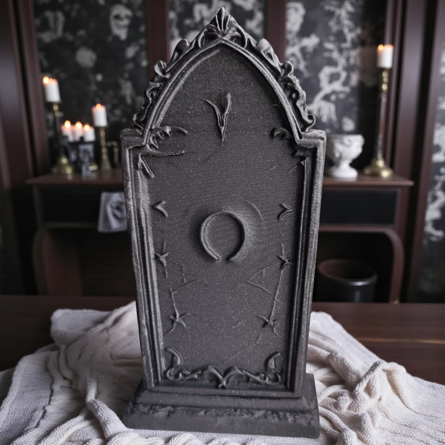3d printed gothic gravestone with skull details and “rip” engraving, available in black, grey, and white, shown as halloween or gothic table decor.