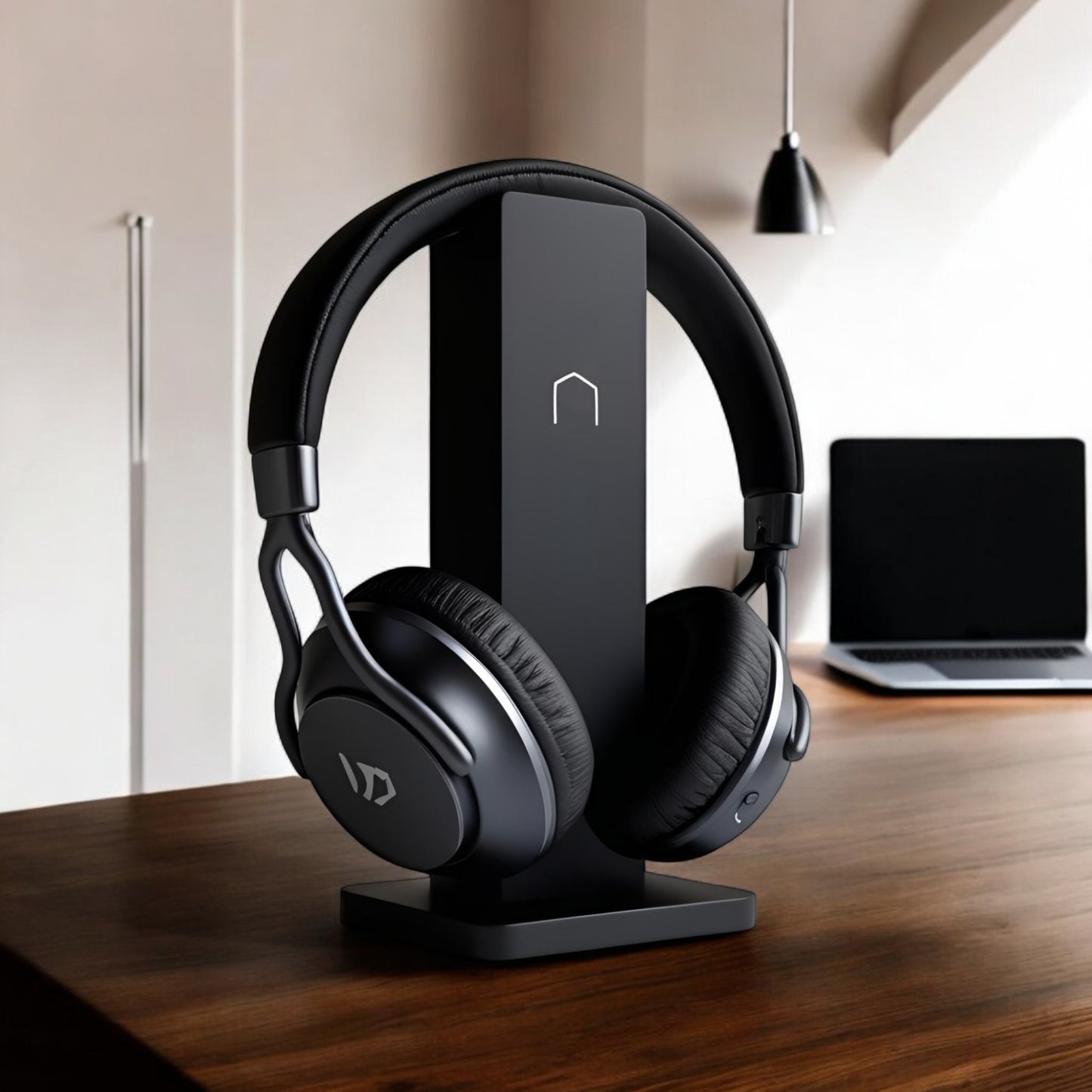 sleek rectangular headphone stand with a modern minimalist design, featuring a small notch for hanging headphones—ideal for desk organization, gaming setups, or home offices.