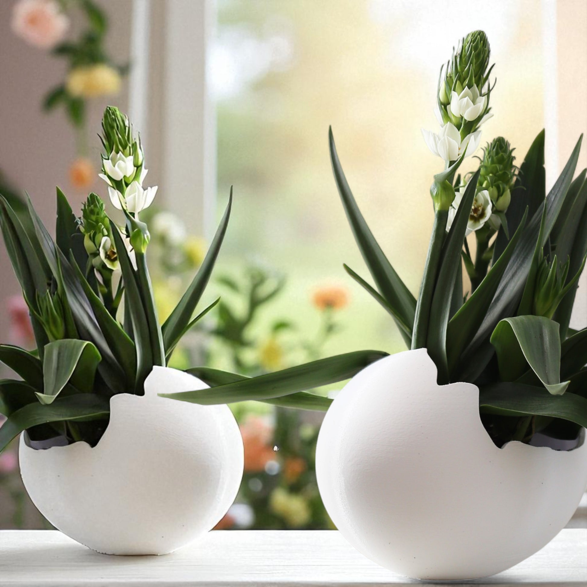 Two white ceramic planters with green plants and small white flowers on a windowsill.