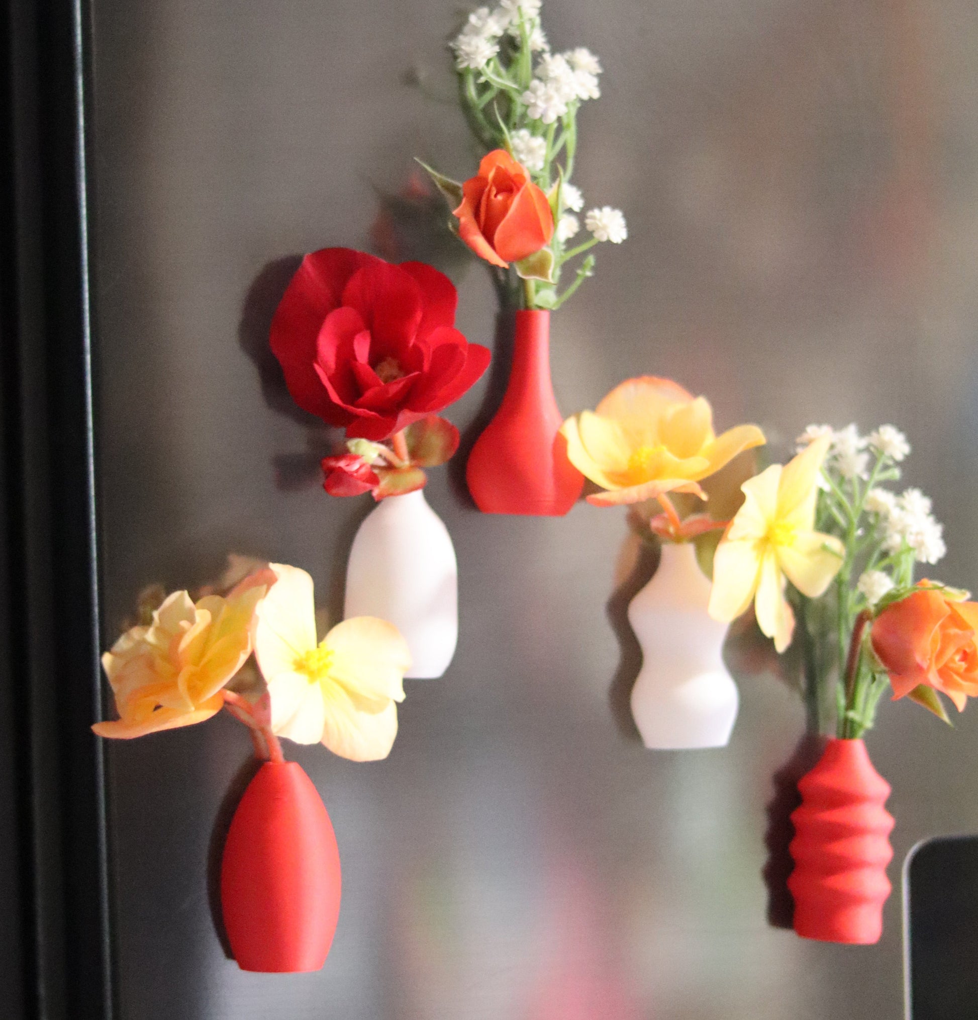 Set of 5 red and white magnetic mini Christmas vases displayed on a fridge – modern holiday home décor