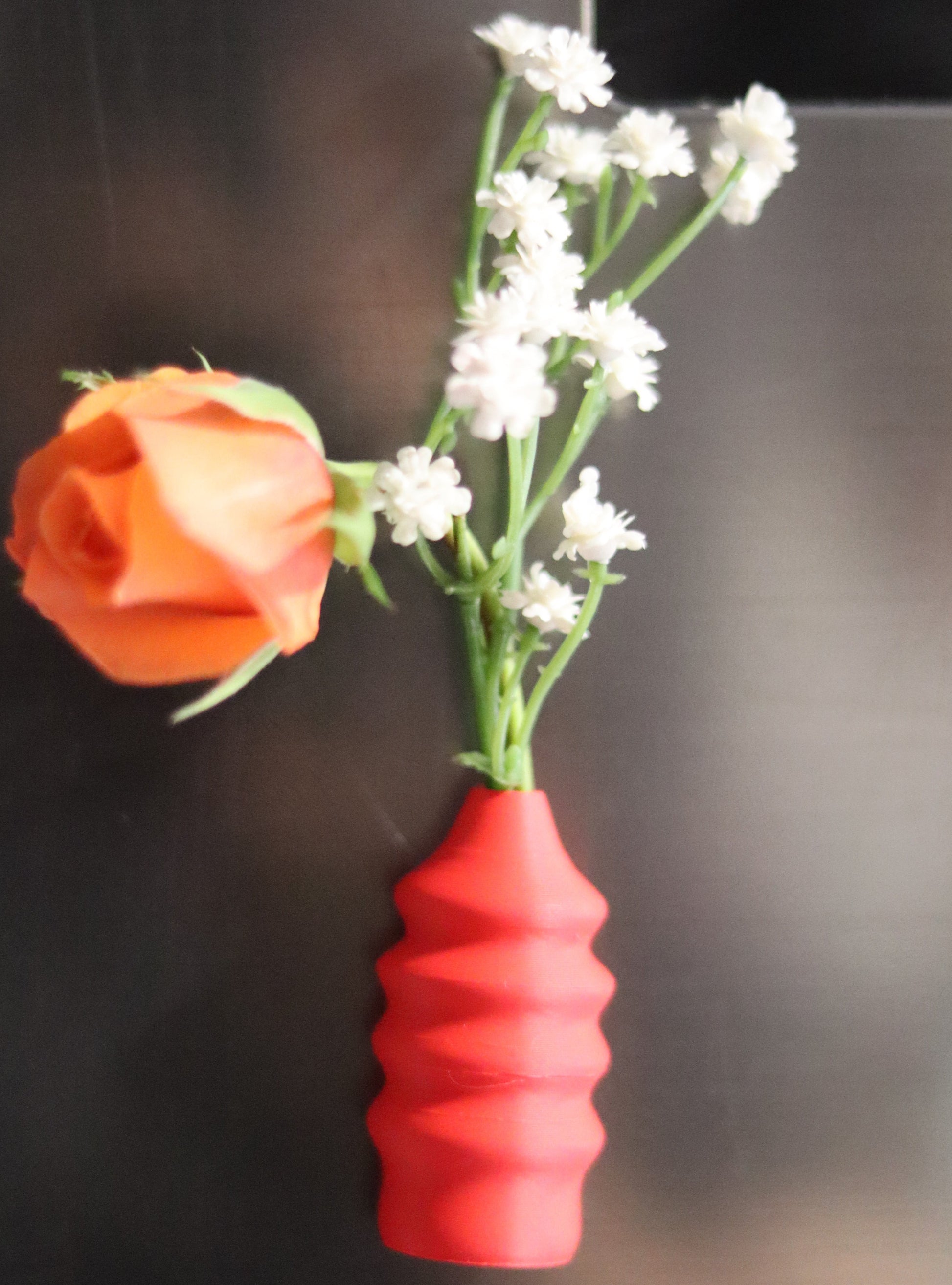 Set of 5 red and white magnetic mini Christmas vases displayed on a fridge – modern holiday home décor