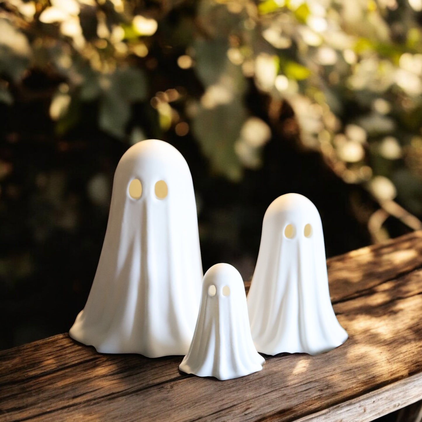 set of 3 glowing ghost led tealight holders in small, medium, and large sizes, for indoor or outdoor halloween decor.