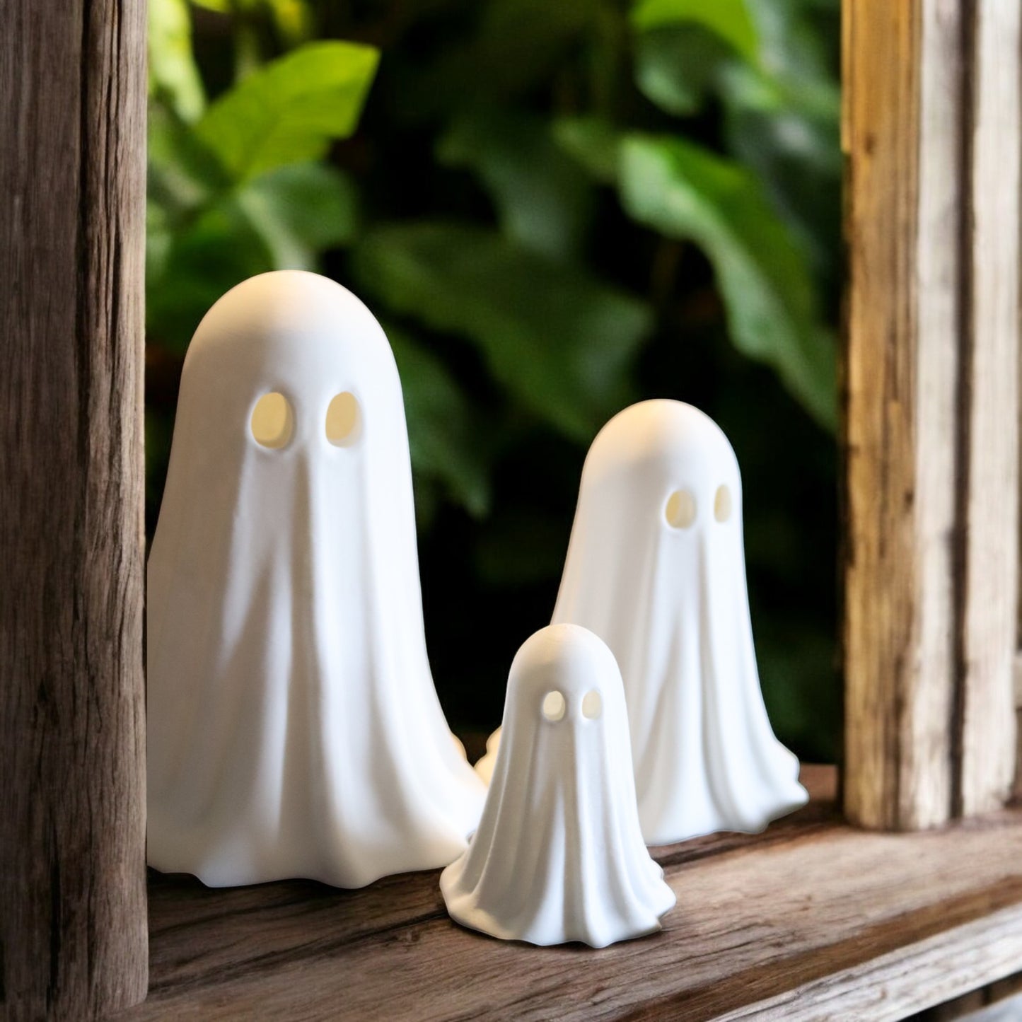 set of 3 glowing ghost led tealight holders in small, medium, and large sizes, for indoor or outdoor halloween decor.