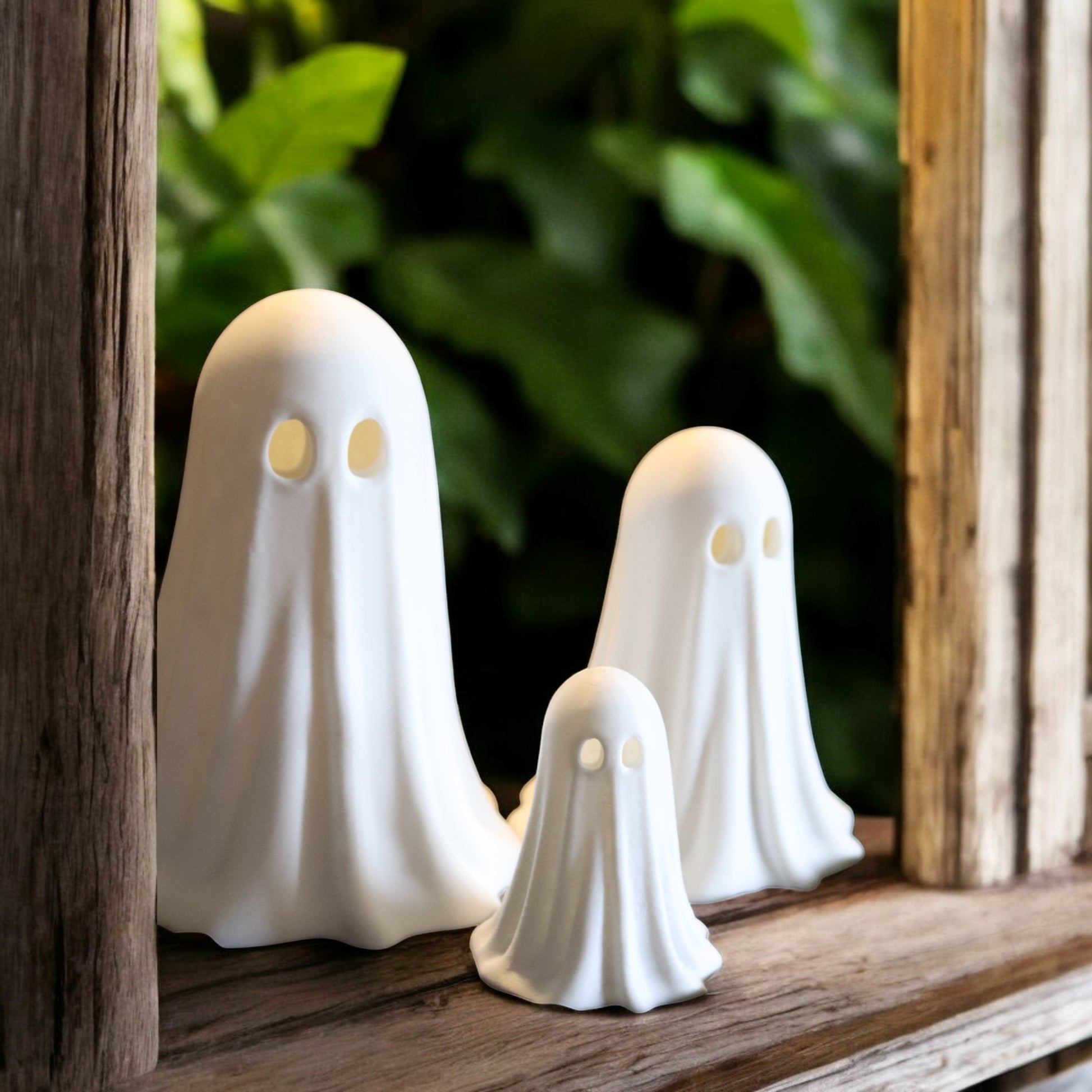 Set of 3 glowing ghost LED tealight holders in small, medium, and large sizes, for indoor or outdoor Halloween decor.