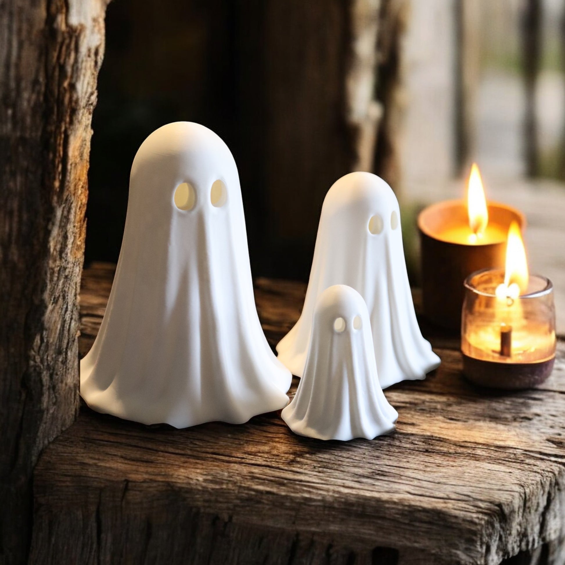 Set of 3 glowing ghost LED tealight holders in small, medium, and large sizes, for indoor or outdoor Halloween decor.