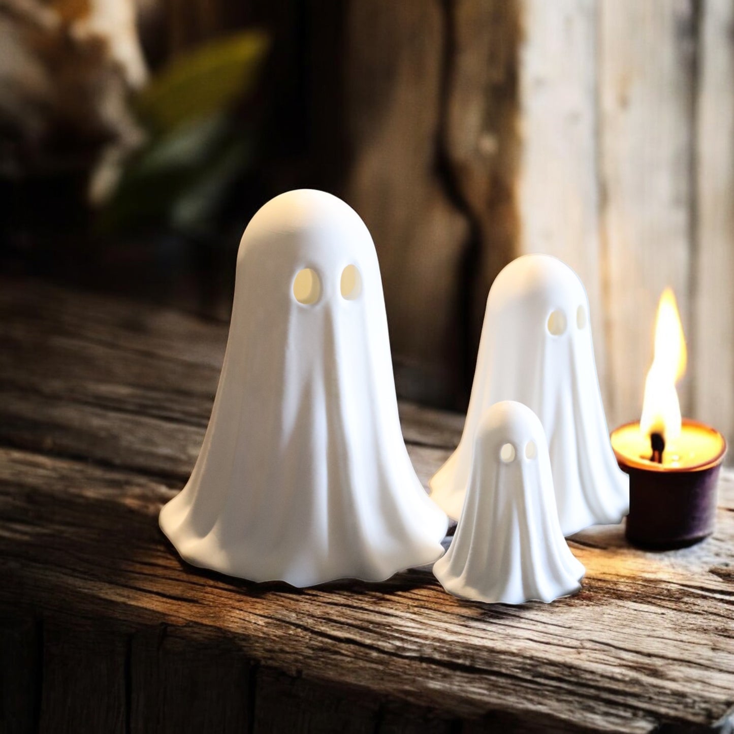 set of 3 glowing ghost led tealight holders in small, medium, and large sizes, for indoor or outdoor halloween decor.