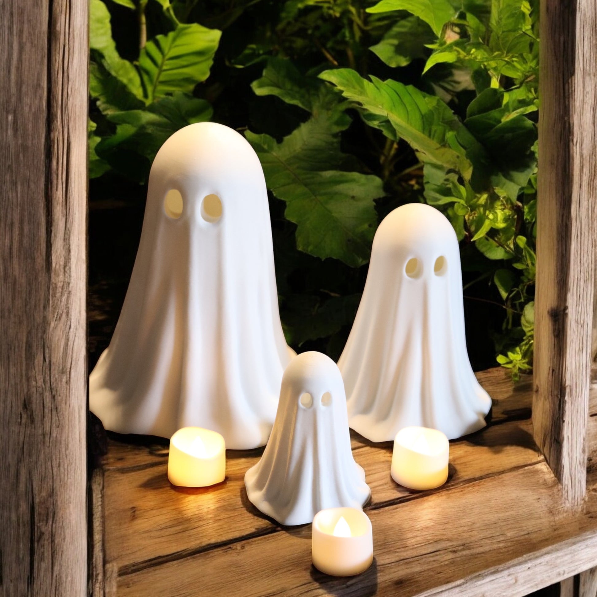 Set of 3 glowing ghost LED tealight holders in small, medium, and large sizes, for indoor or outdoor Halloween decor.