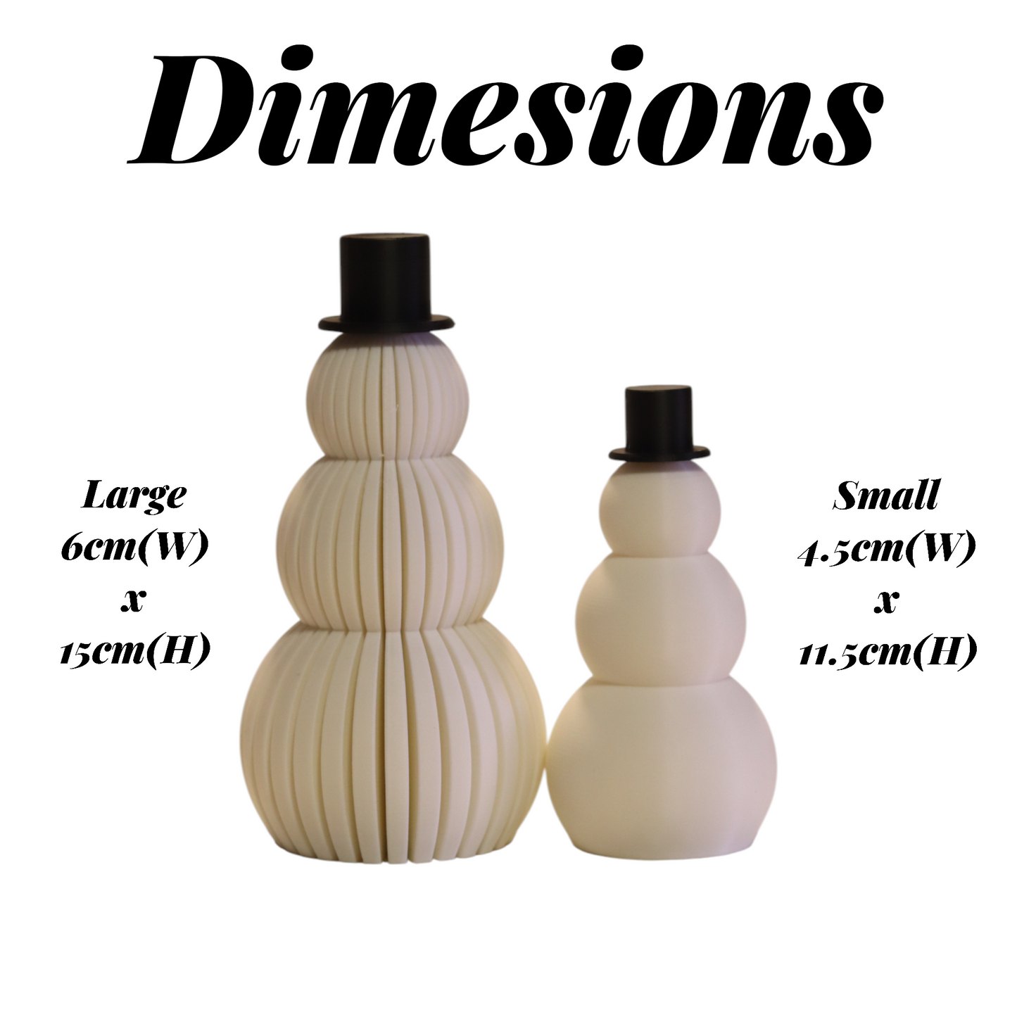 two white snowman figurines, one ribbed and one smooth, each with a small black top hat. minimalist christmas decor displayed on a countertop in small and large sizes.