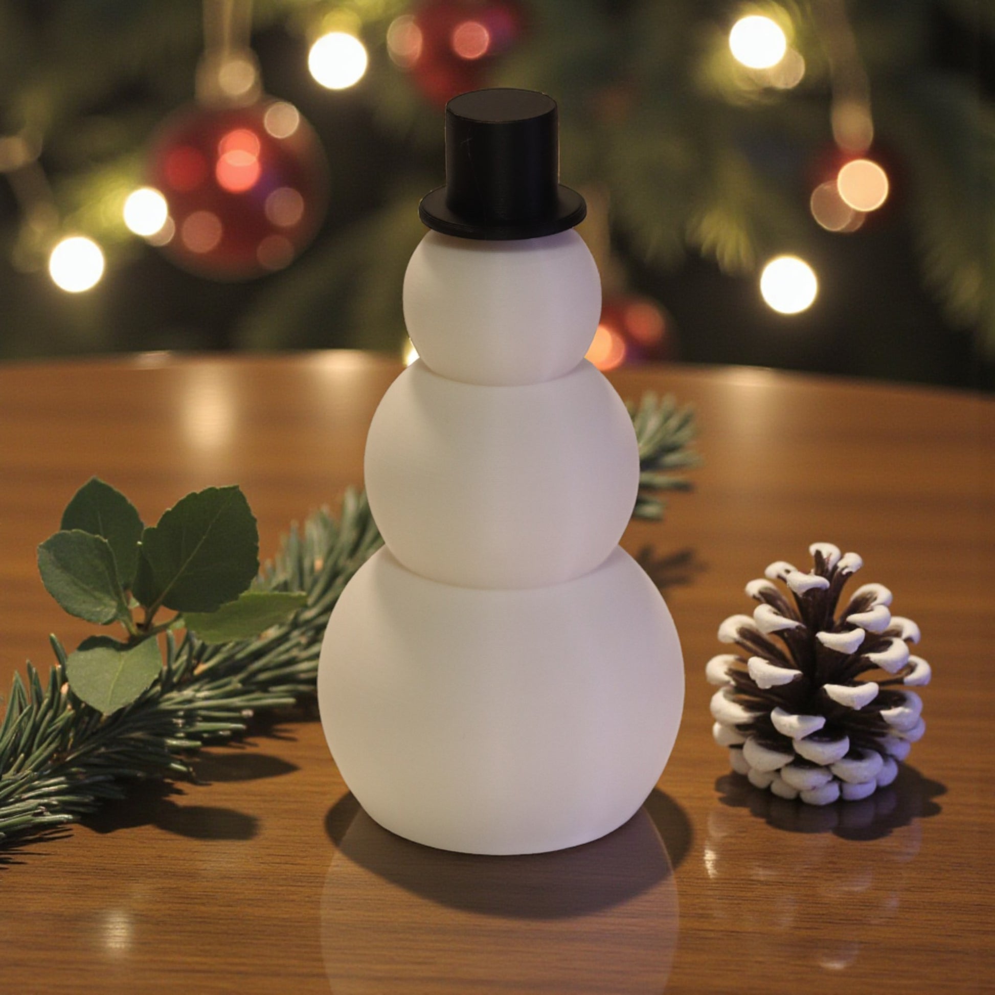 Two white snowman figurines, one ribbed and one smooth, each with a small black top hat. Minimalist Christmas decor displayed on a countertop in small and large sizes.