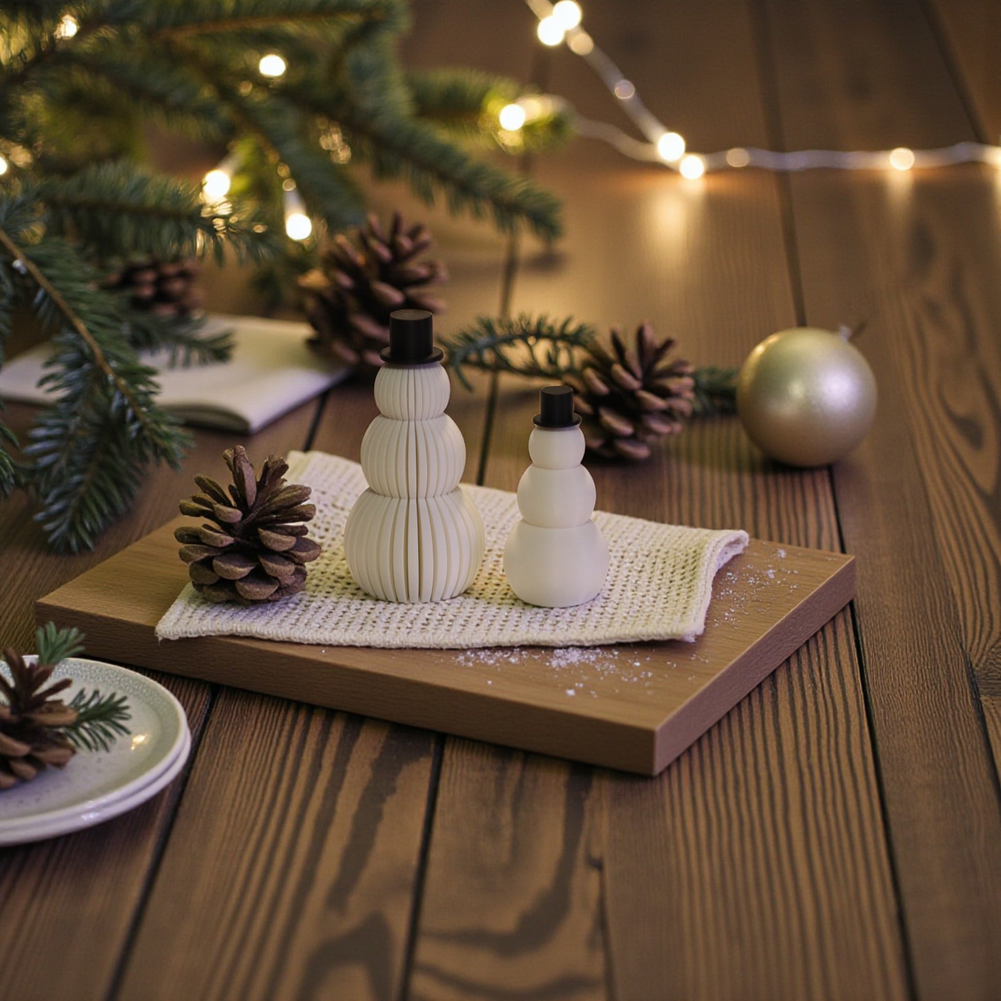 Two white snowman figurines, one ribbed and one smooth, each with a small black top hat. Minimalist Christmas decor displayed on a countertop in small and large sizes.