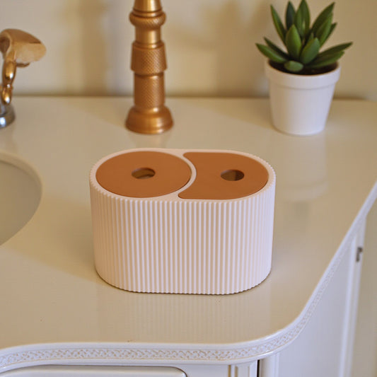 Modern ribbed cotton pad and q tip holder with beige lid, makeup vanity and bathroom organizer with built in q tip lift support, minimalist beauty storage solution