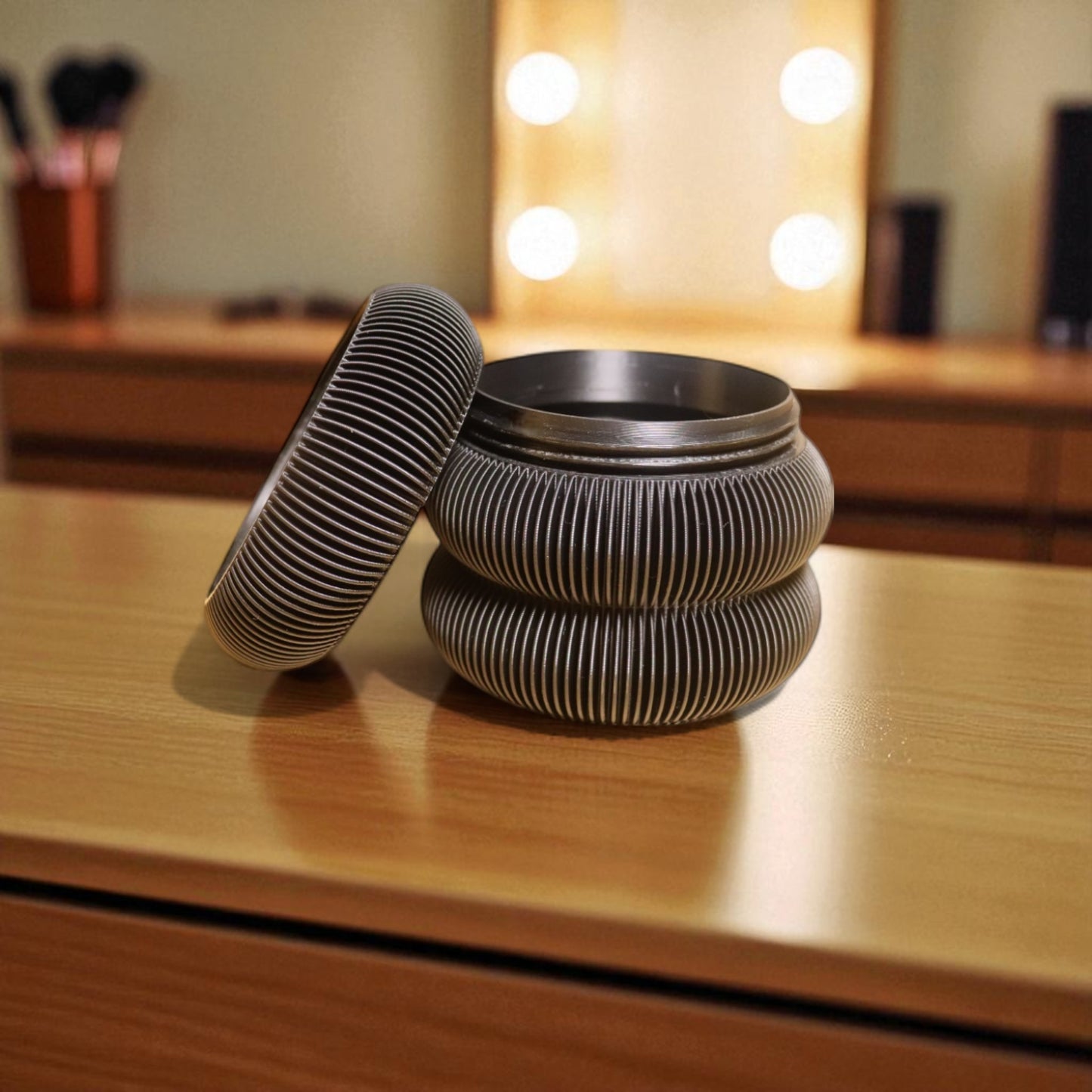 set of elegant vanity jars in three different sizes, perfect for organizing cosmetics or accessories; available for purchase individually or as a complete set to enhance any bathroom or dressing table decor.