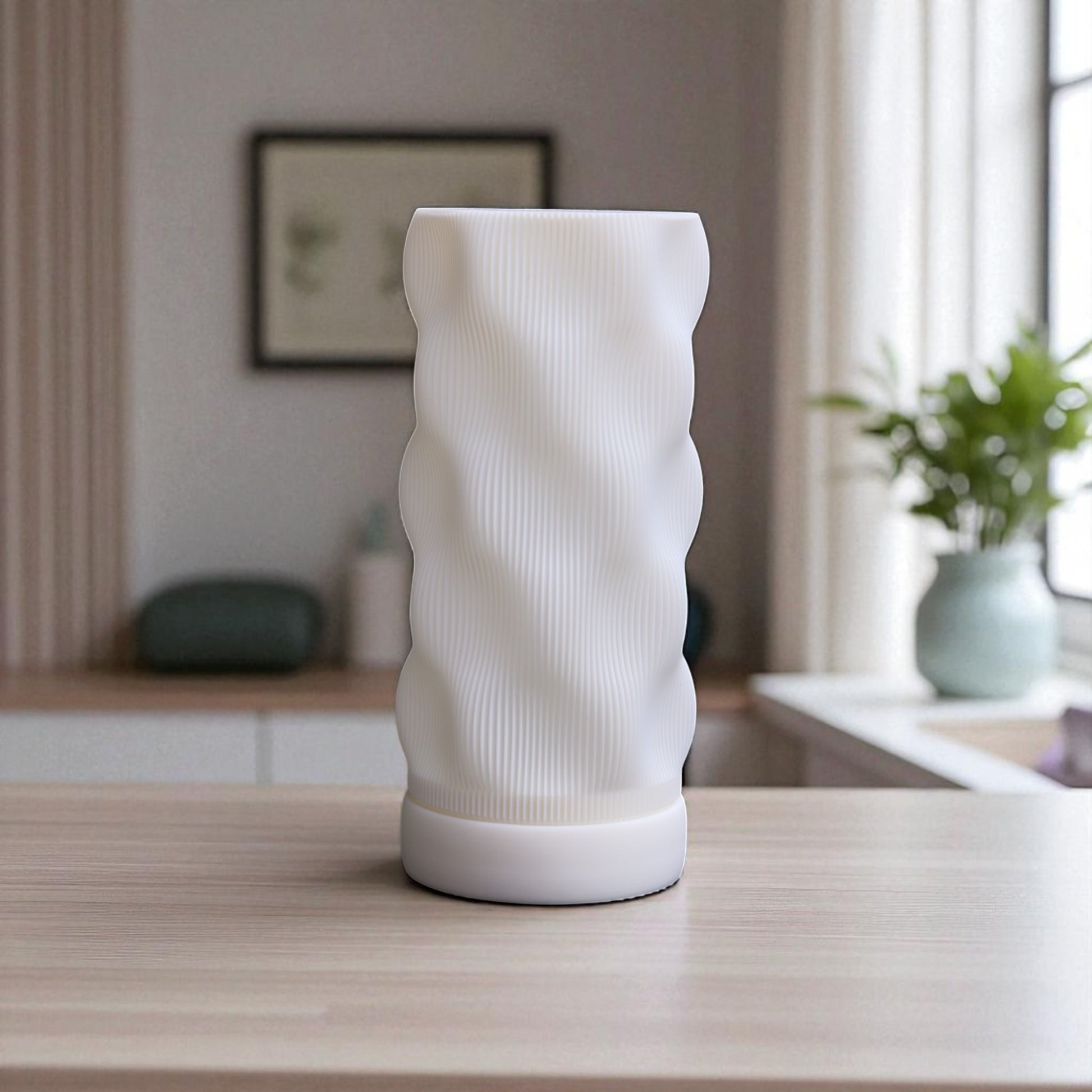 Bedside lamp with USB cable, white shade and coloured base, perfect for living room, bedroom, or nursery.