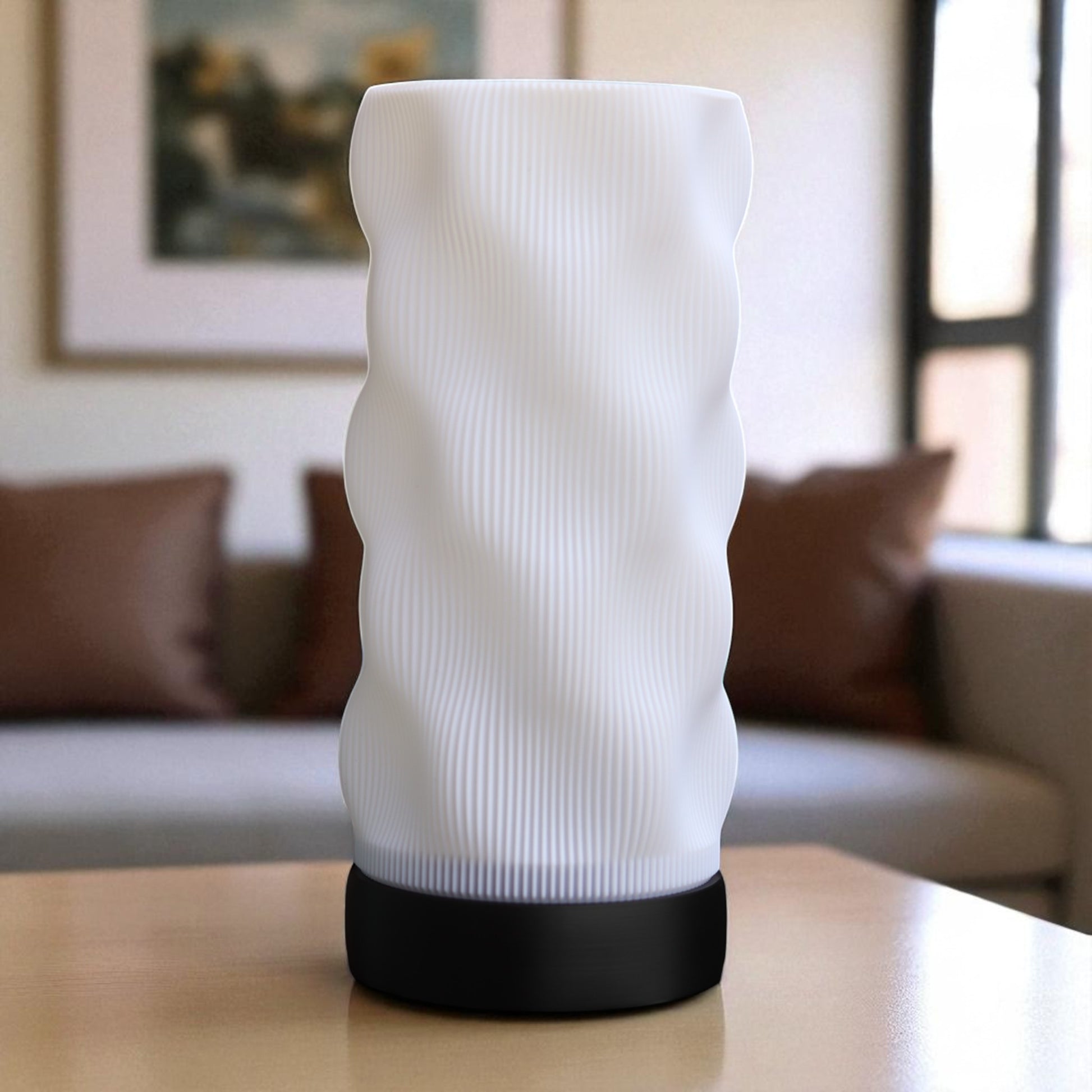 Bedside lamp with USB cable, white shade and coloured base, perfect for living room, bedroom, or nursery.