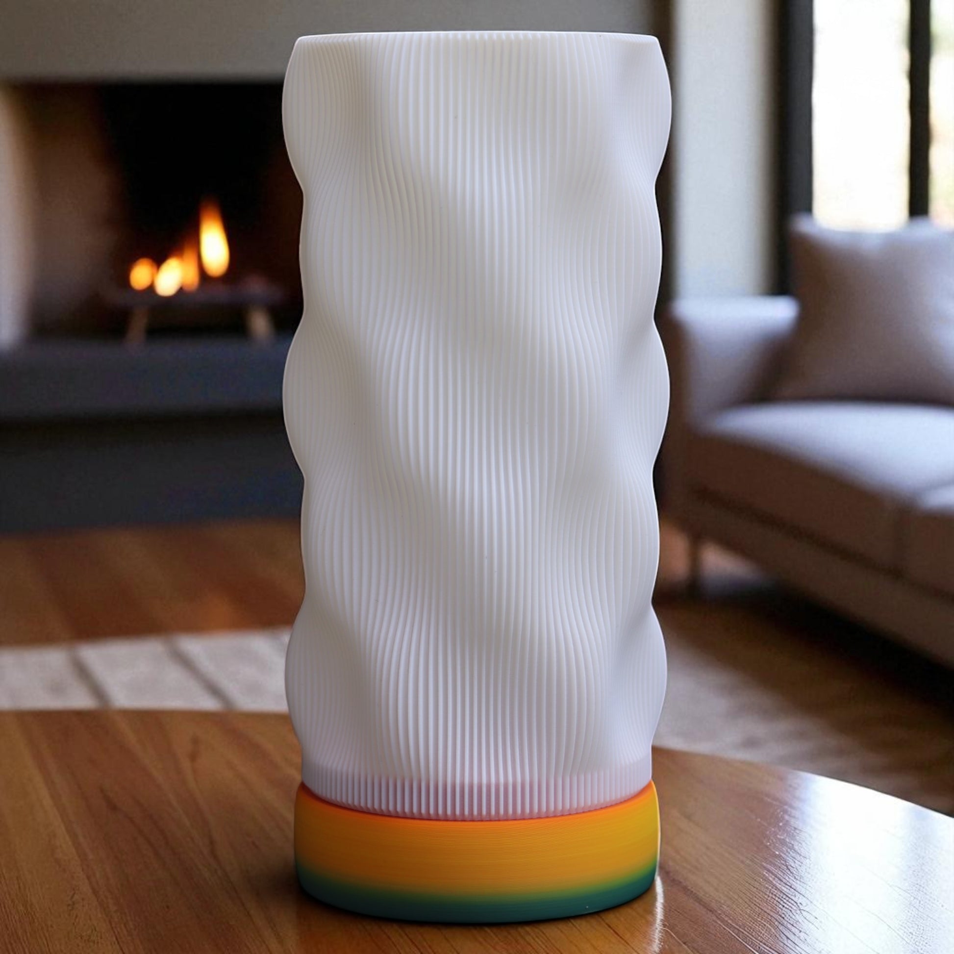 Bedside lamp with USB cable, white shade and coloured base, perfect for living room, bedroom, or nursery.