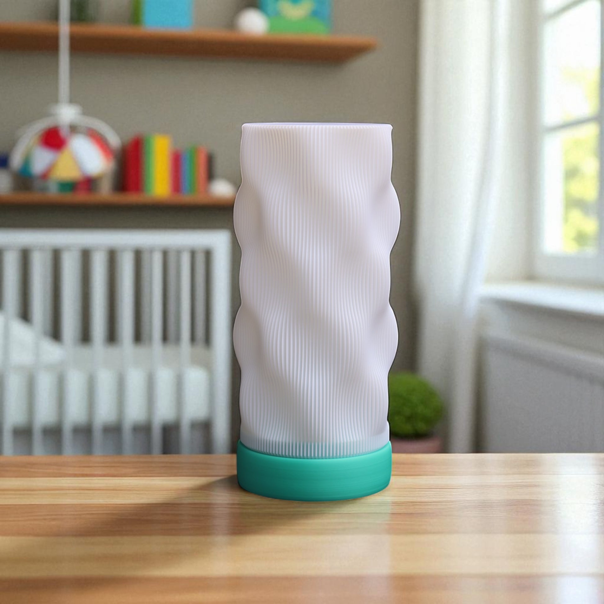 Bedside lamp with USB cable, white shade and coloured base, perfect for living room, bedroom, or nursery.