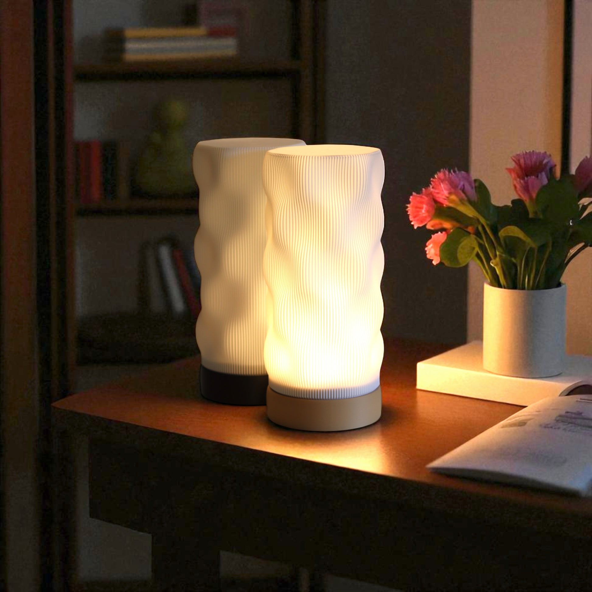 Bedside lamp with USB cable, white shade and coloured base, perfect for living room, bedroom, or nursery.