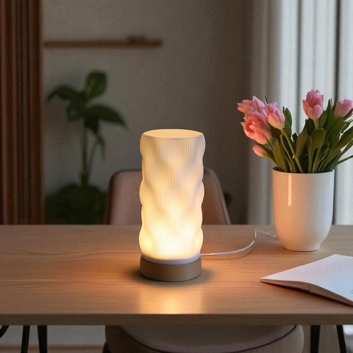 bedside lamp with usb cable, white shade and coloured base, perfect for living room, bedroom, or nursery.