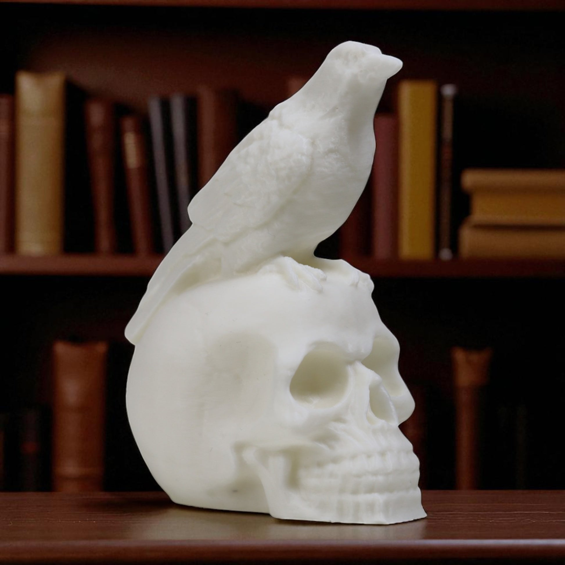 Gothic raven perched on a skull statue—handmade Halloween decor figurine for mantel, bookshelf or altar, dark academia style