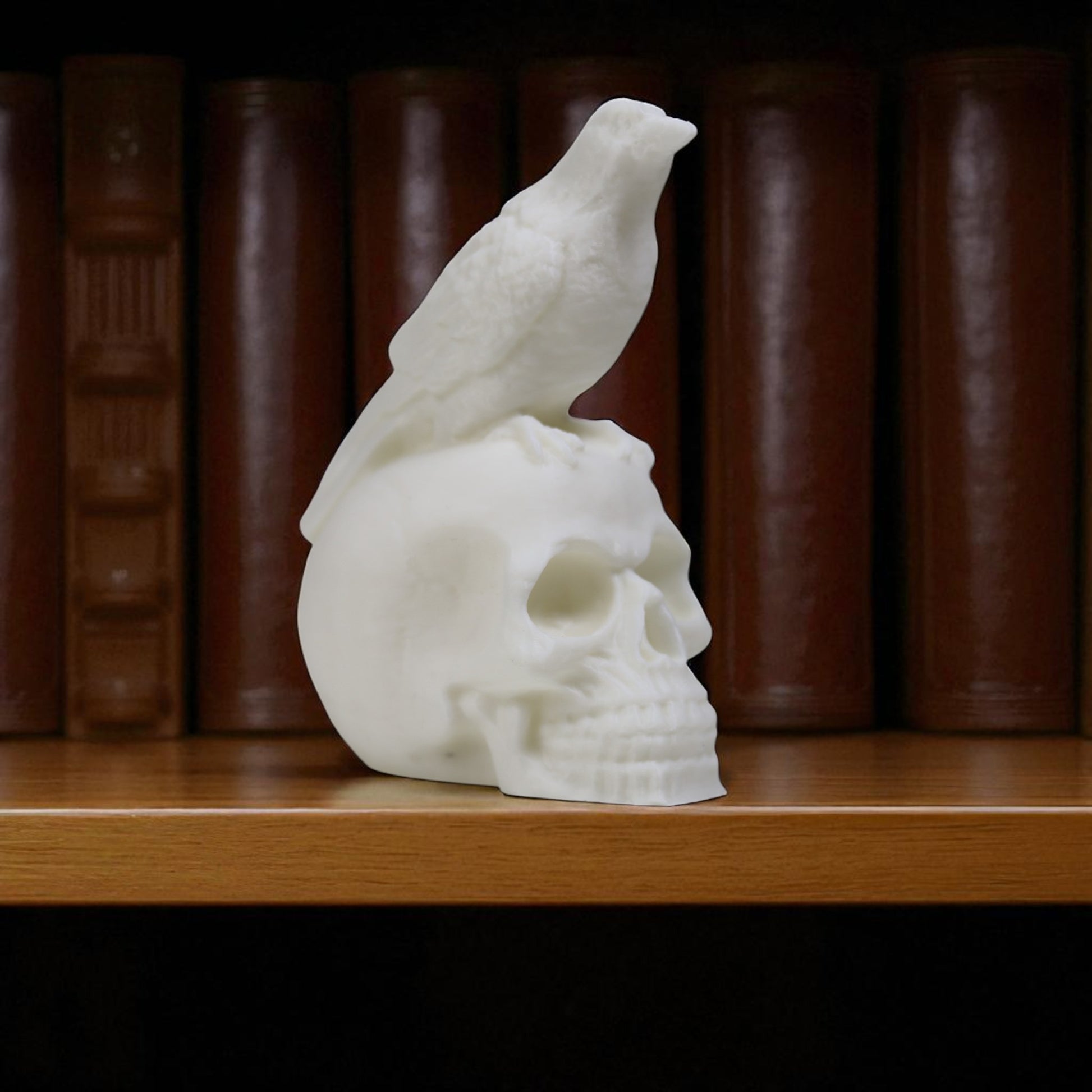 Gothic raven perched on a skull statue—handmade Halloween decor figurine for mantel, bookshelf or altar, dark academia style