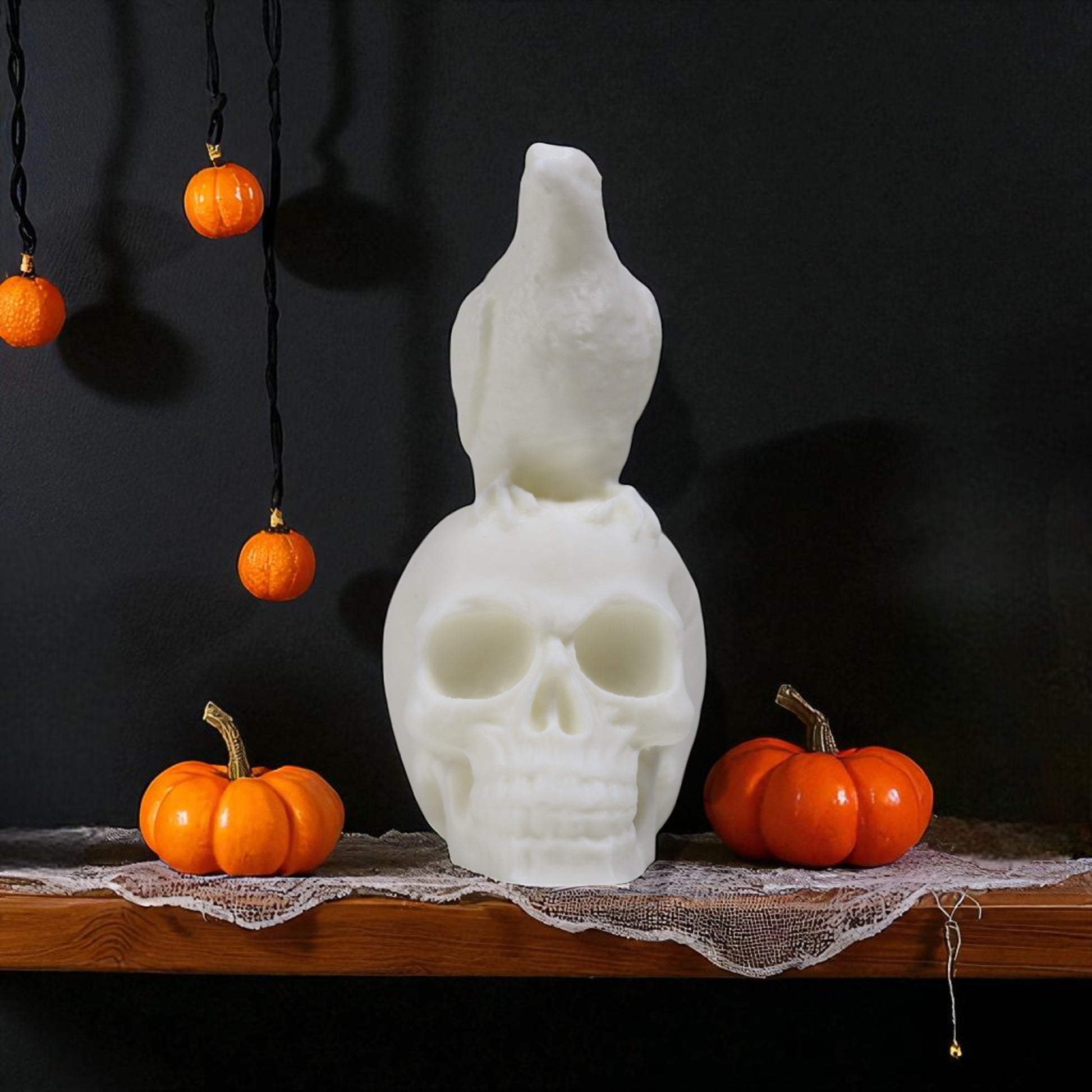Gothic raven perched on a skull statue—handmade Halloween decor figurine for mantel, bookshelf or altar, dark academia style