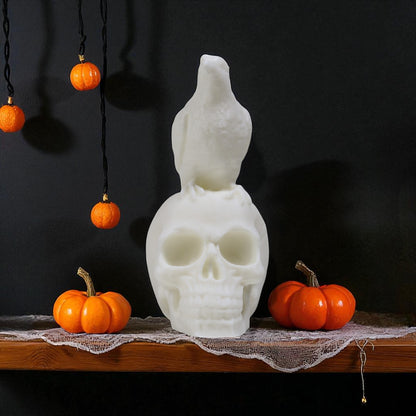 Gothic raven perched on a skull statue—handmade Halloween decor figurine for mantel, bookshelf or altar, dark academia style