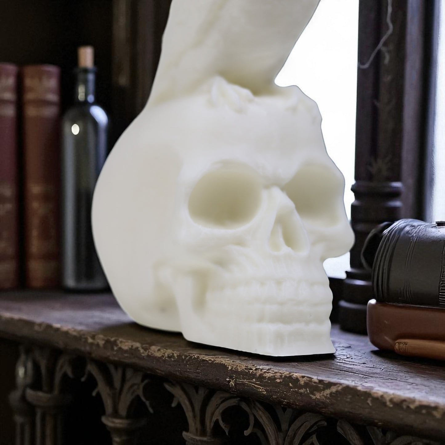 gothic raven perched on a skull statue—handmade halloween decor figurine for mantel, bookshelf or altar, dark academia style