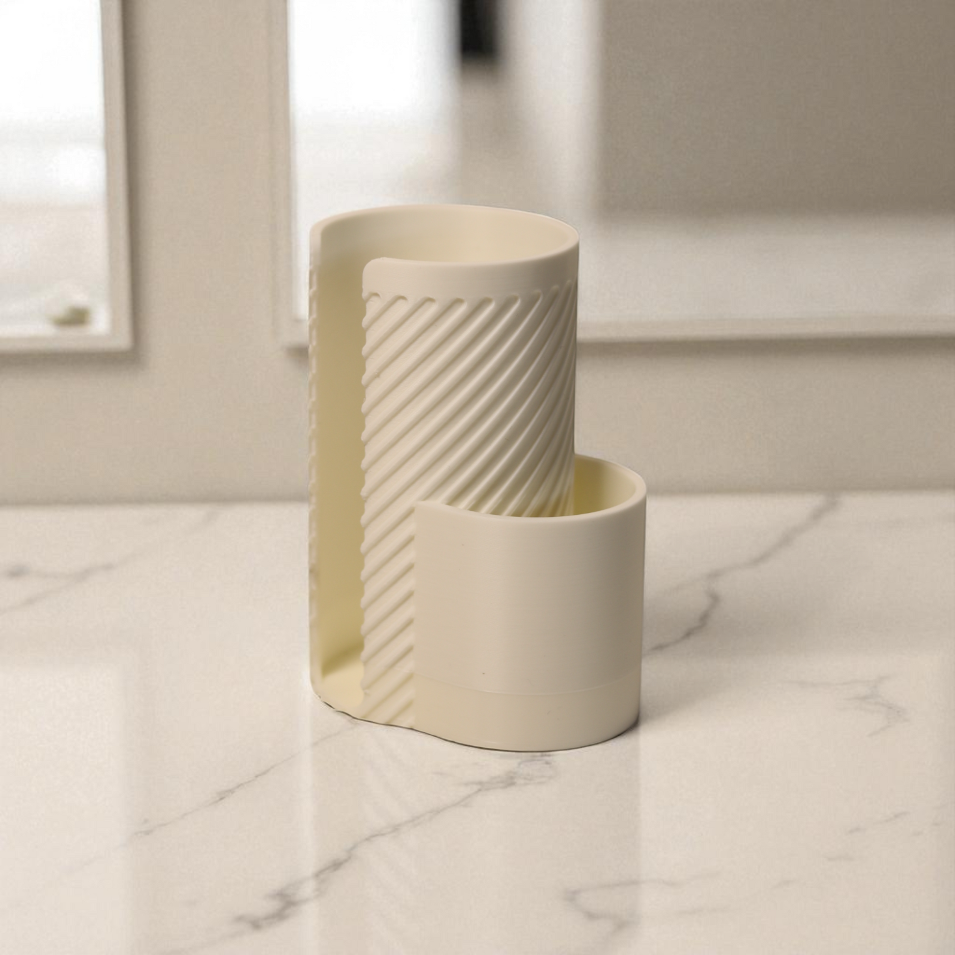 White makeup cotton pad holder with side cup for cotton buds on a vanity; minimal bathroom organizer for cotton rounds and Q-tips.