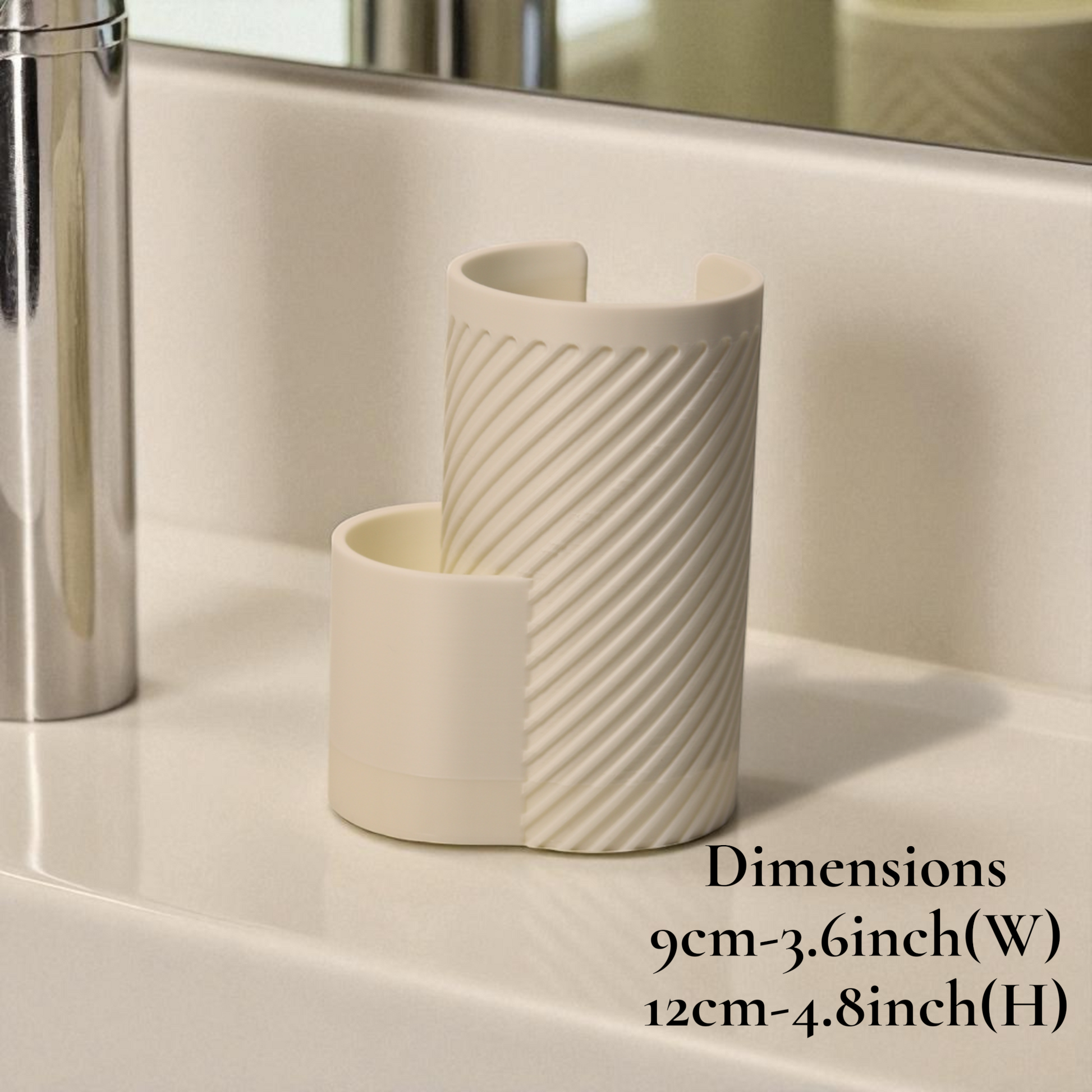 White makeup cotton pad holder with side cup for cotton buds on a vanity; minimal bathroom organizer for cotton rounds and Q-tips.