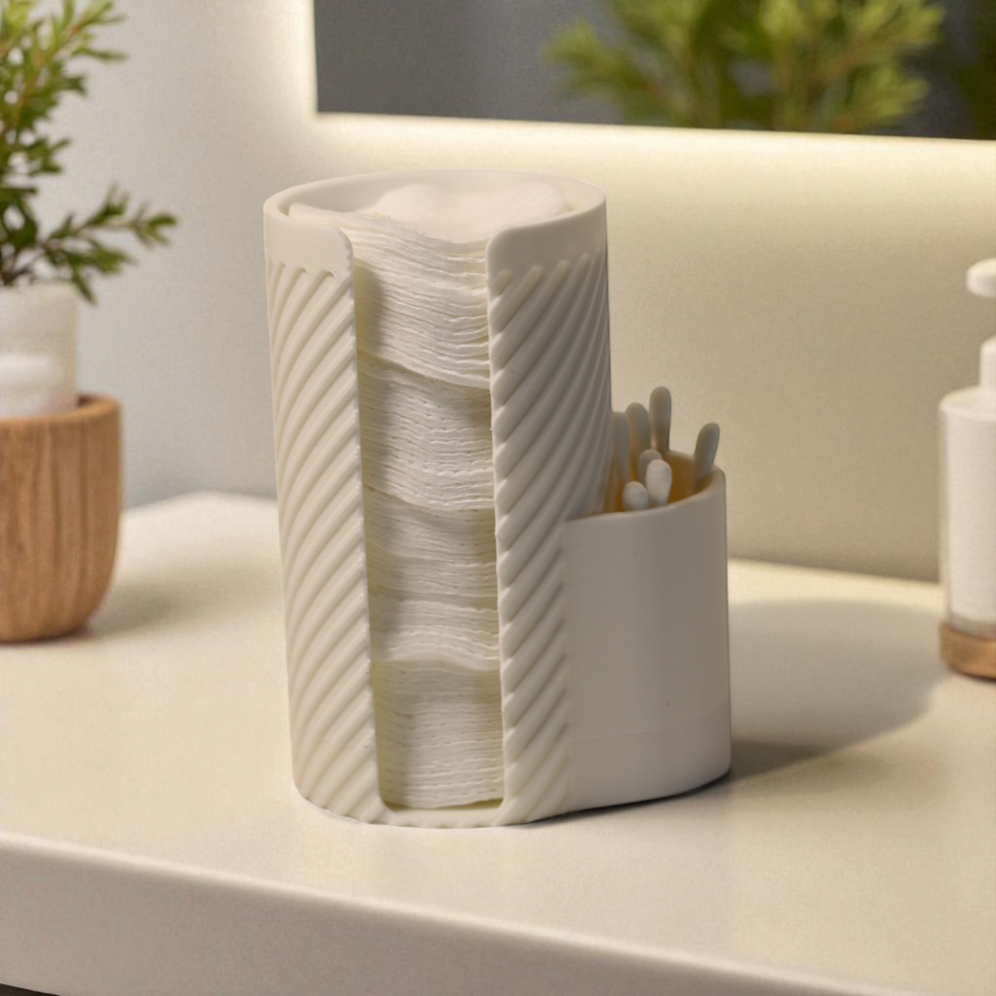 White makeup cotton pad holder with side cup for cotton buds on a vanity; minimal bathroom organizer for cotton rounds and Q-tips.