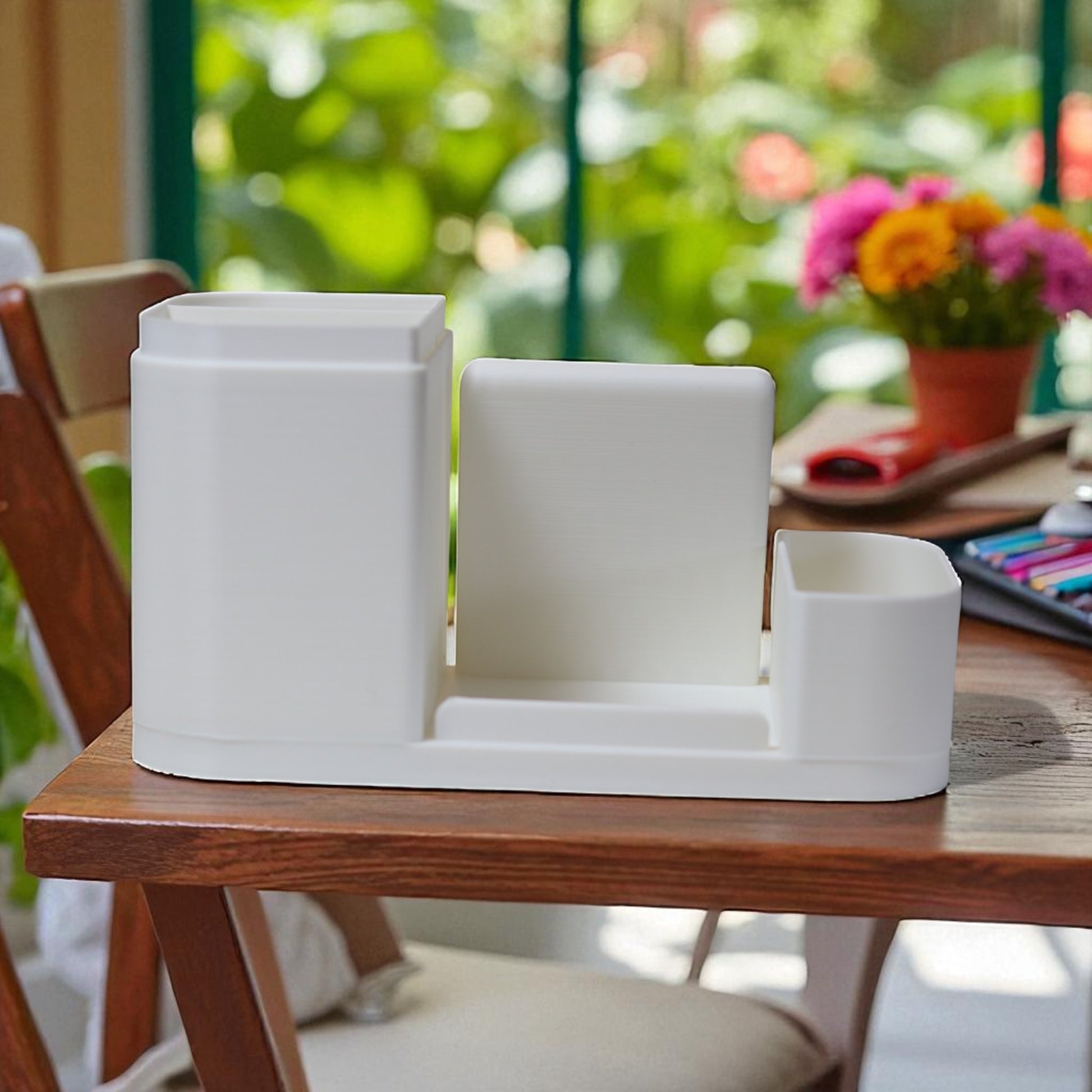 Kids desk organiser with phone stand, pencil/brush holder and sticky-note slot, 20×11×10 cm—white.Front view: organiser holding markers, smartphone in stand, and 3×3 sticky notes—back-to-school desk tidy.
