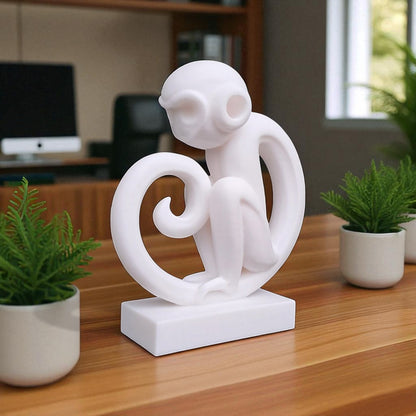 Modern artistic monkey statue with a unique abstract design, 3D printed in eco-friendly material, ideal for home decor or as a gift for animal and art lovers.