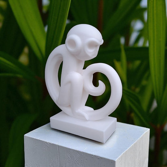 Modern artistic monkey statue with a unique abstract design, 3D printed in eco-friendly material, ideal for home decor or as a gift for animal and art lovers.