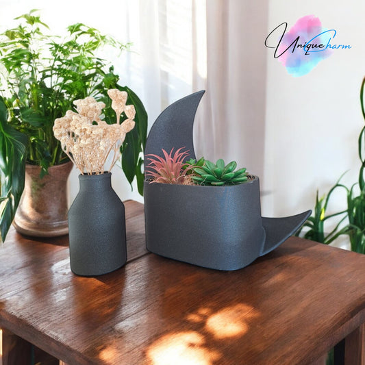 Modern crescent moon planter with a rectangular plant pot attached, paired with a sleek minimalist small bottle vase for dried flowers. Perfect for succulents, air plants, or decorative styling. Aesthetic home décor for boho, modern, or celestial-themed interiors.